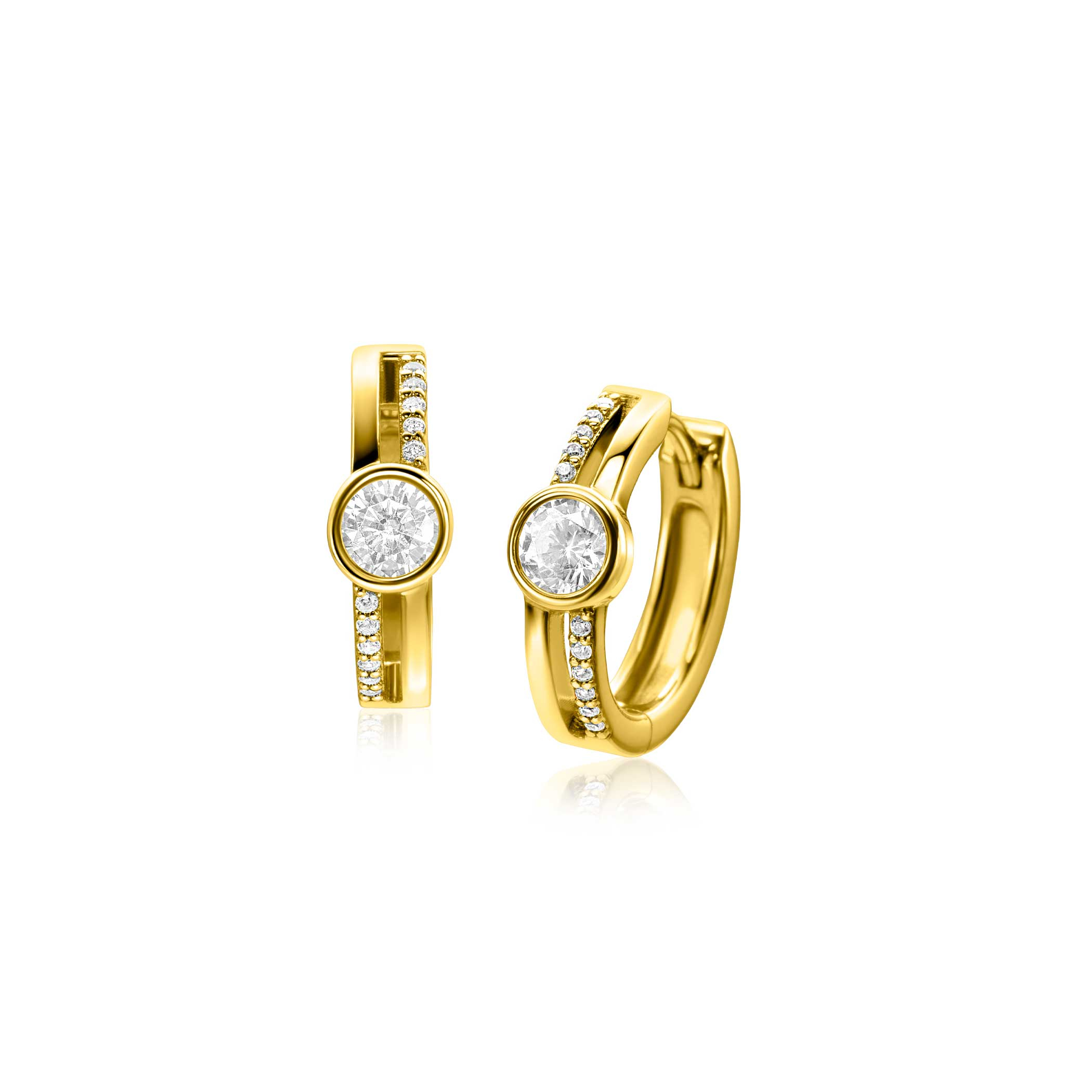 15,5mm ZINZI gold plated zilveren oorringen met ronde kastzetting en multilook uitstraling, bezet met witte zirconia's en luxe klapsluiting ZIO2625