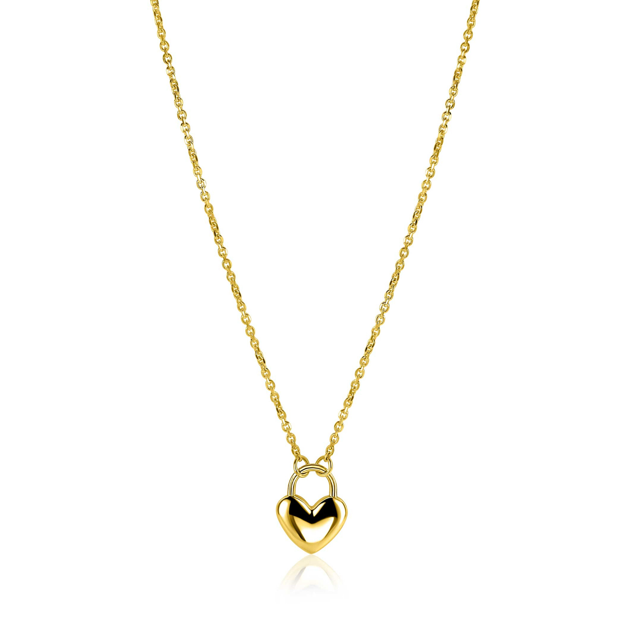ZINZI gold plated zilvereren schakelketting met hartvormige slot hanger 18mm breed 42-45 cm ZIC2673G