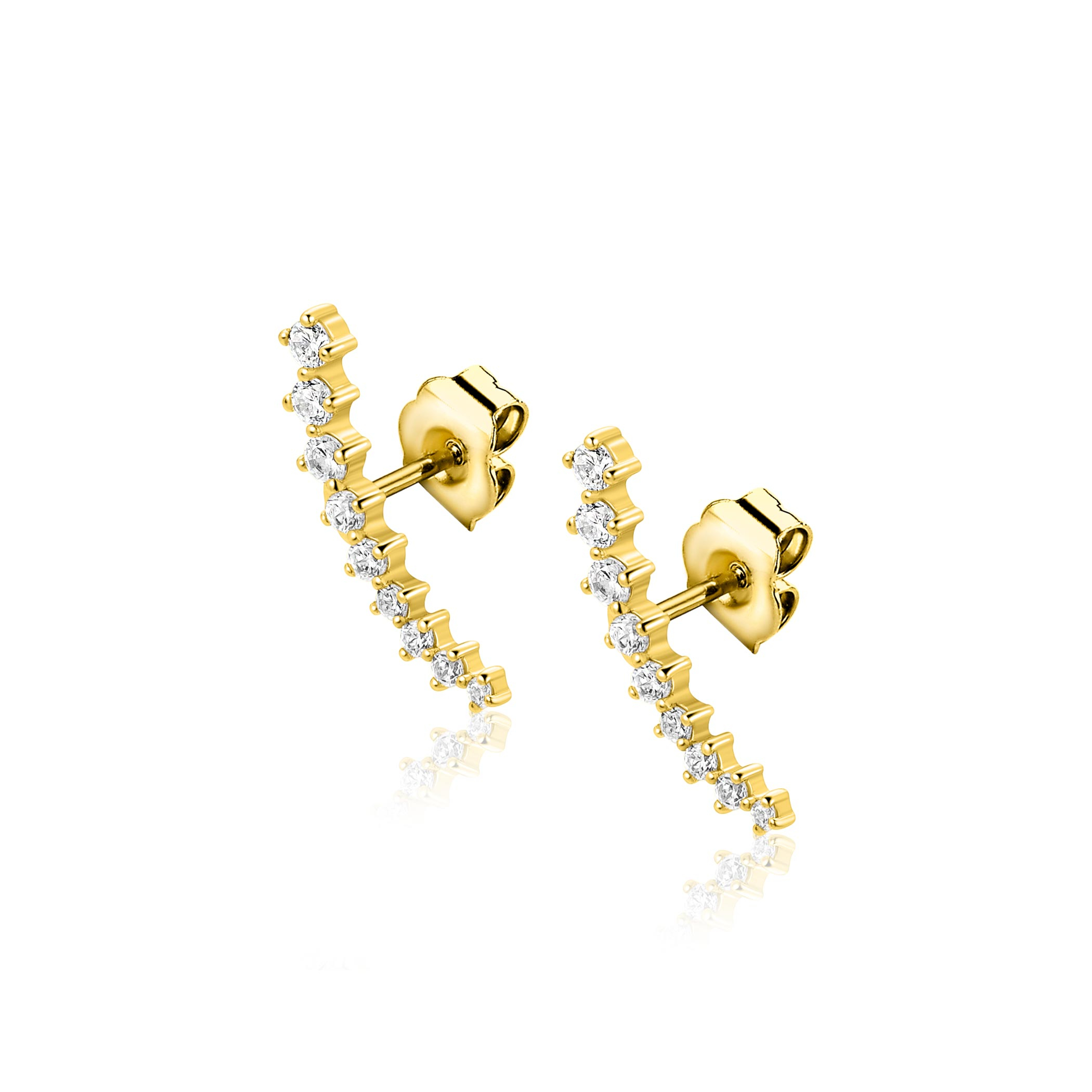 15mm ZINZI goldplated zilveren oorstekers met asymmetrische curve bezet met negen witte zirkonia's ZIO2818