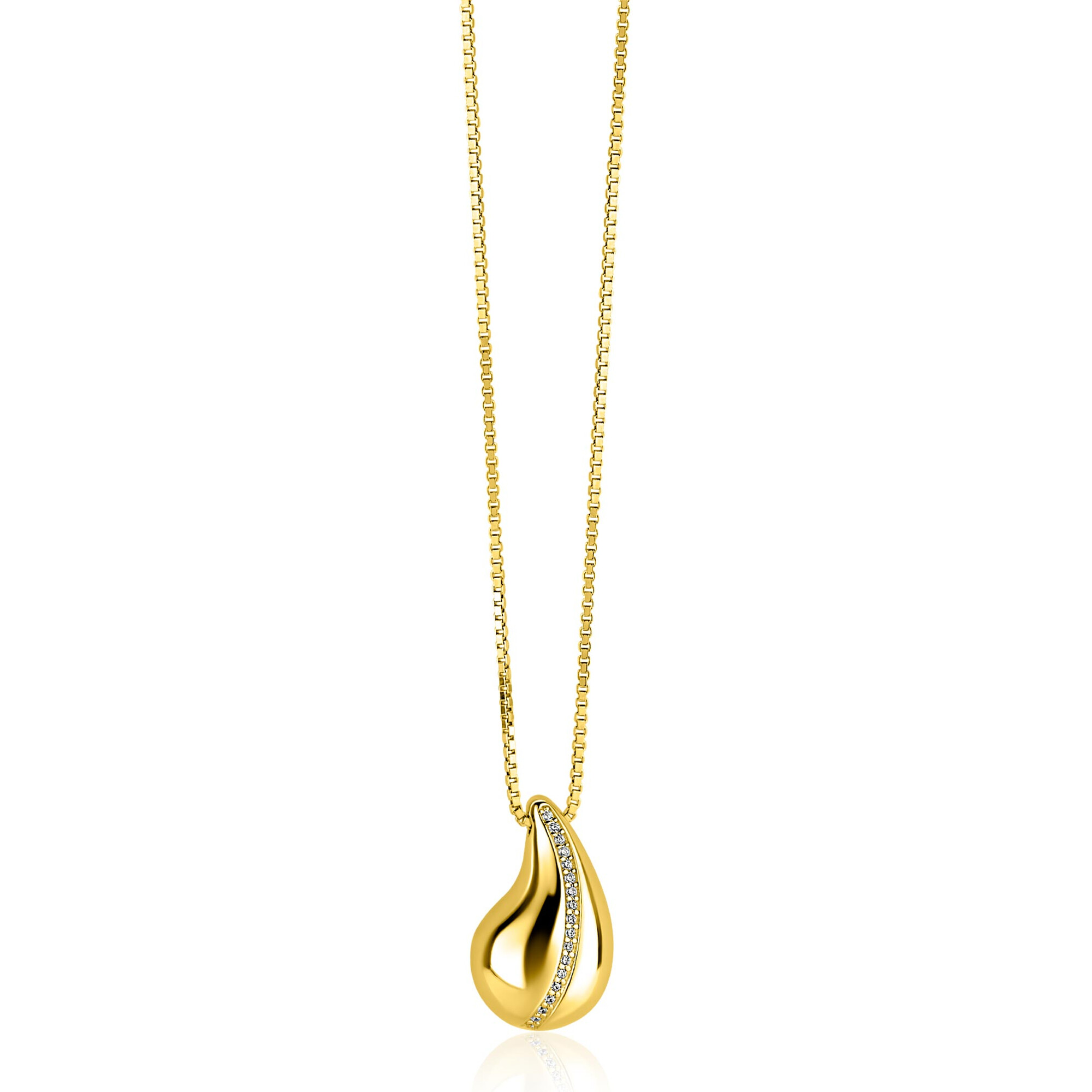 ZINZI gold plated zilveren venetiaanse ketting 45-48cm met druppelvormige hanger 20mm, golvende rij witte zirkonia's ZIC2707Y
