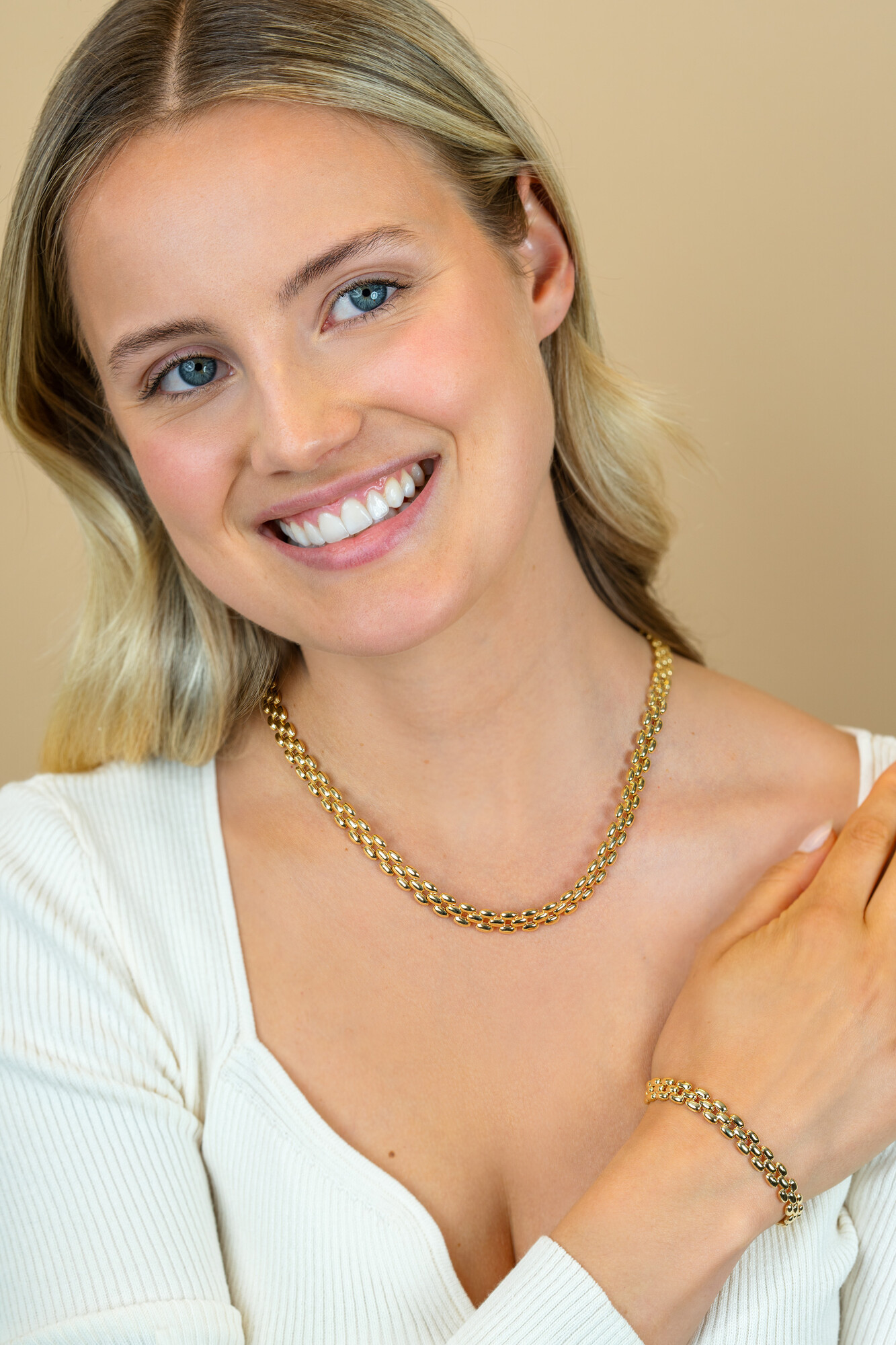 ZINZI gold plated zilveren brede rolex-style schakel-collier 8mm breed 43cm ZIC2764G