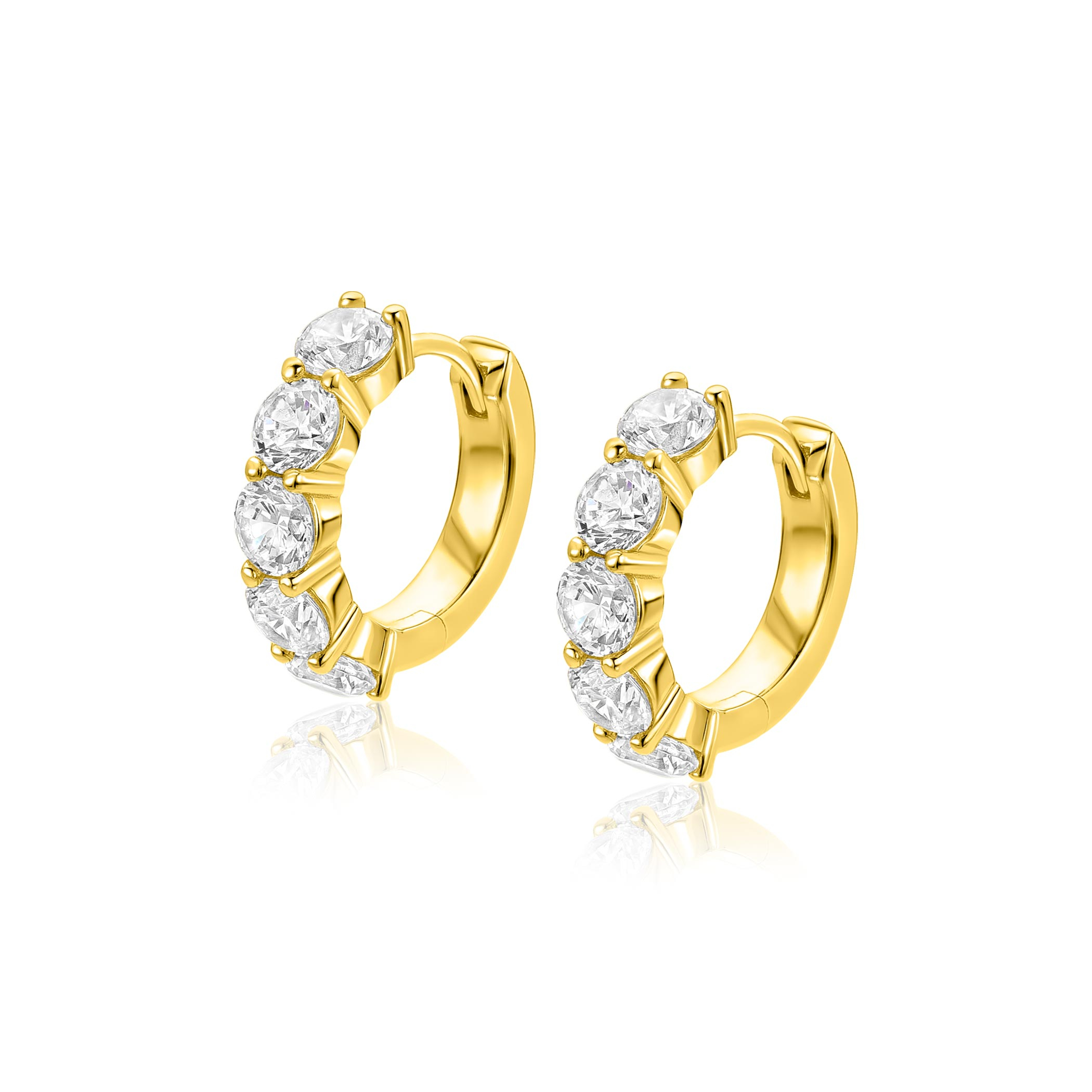 16mm ZINZI goldplated zilveren tennis oorringen bezet met vijf ronde witte zirkonia's, 4mm buisdikte en luxe klapsluiting ZIO2808