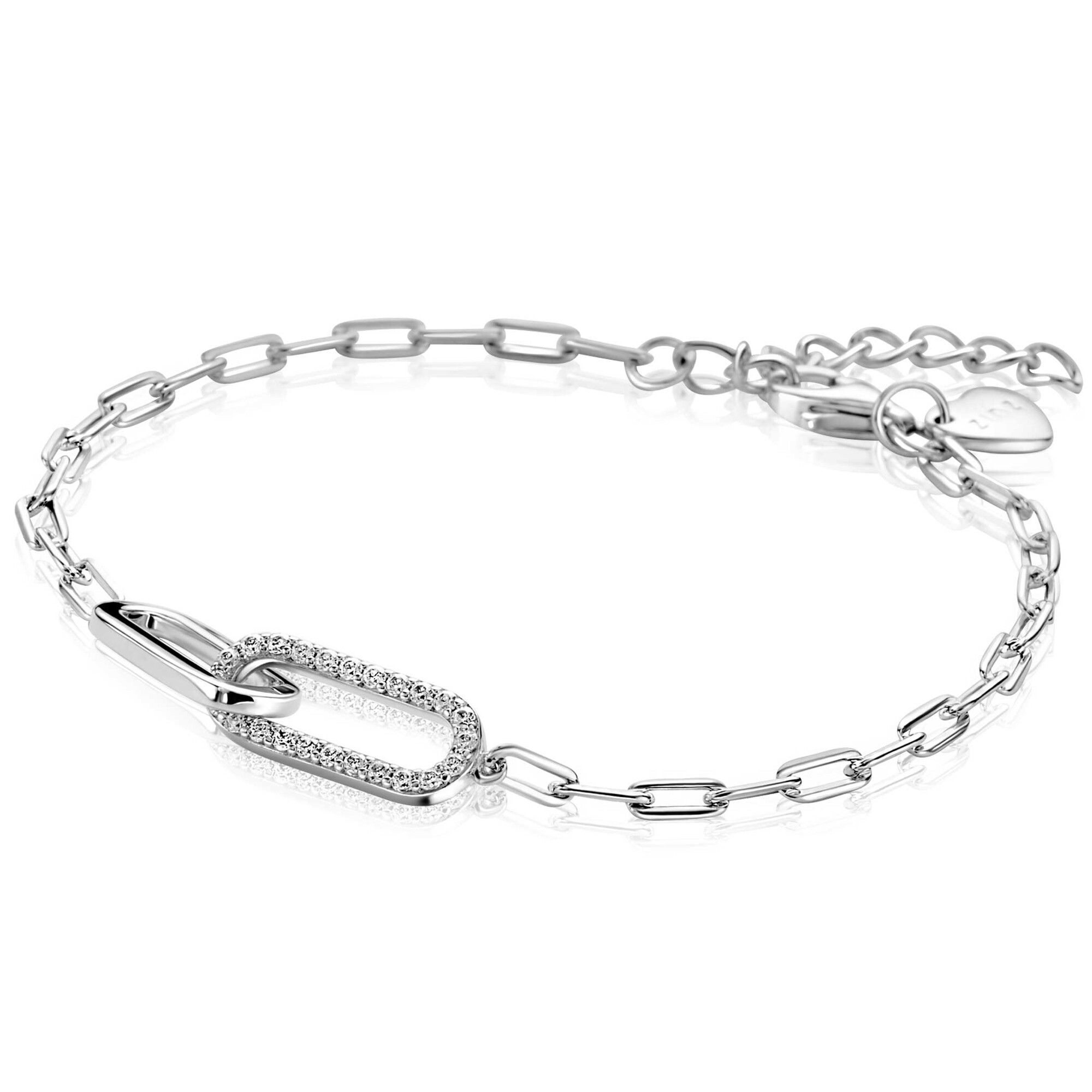 ZINZI zilveren paperclip schakelarmband met twee verbonden ovale schakels bezet met witte zirkonia's 17-20cm ZIA2690