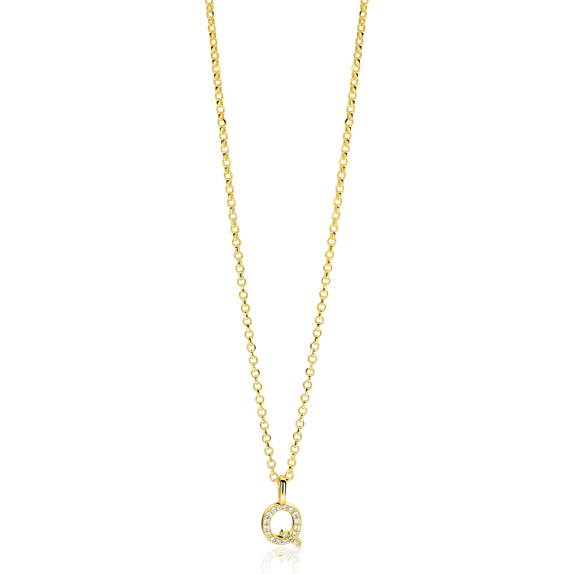 ZINZI gold plated zilveren letter hanger Q bezet met witte zirkonia's ZIH2828-Q (zonder ketting)