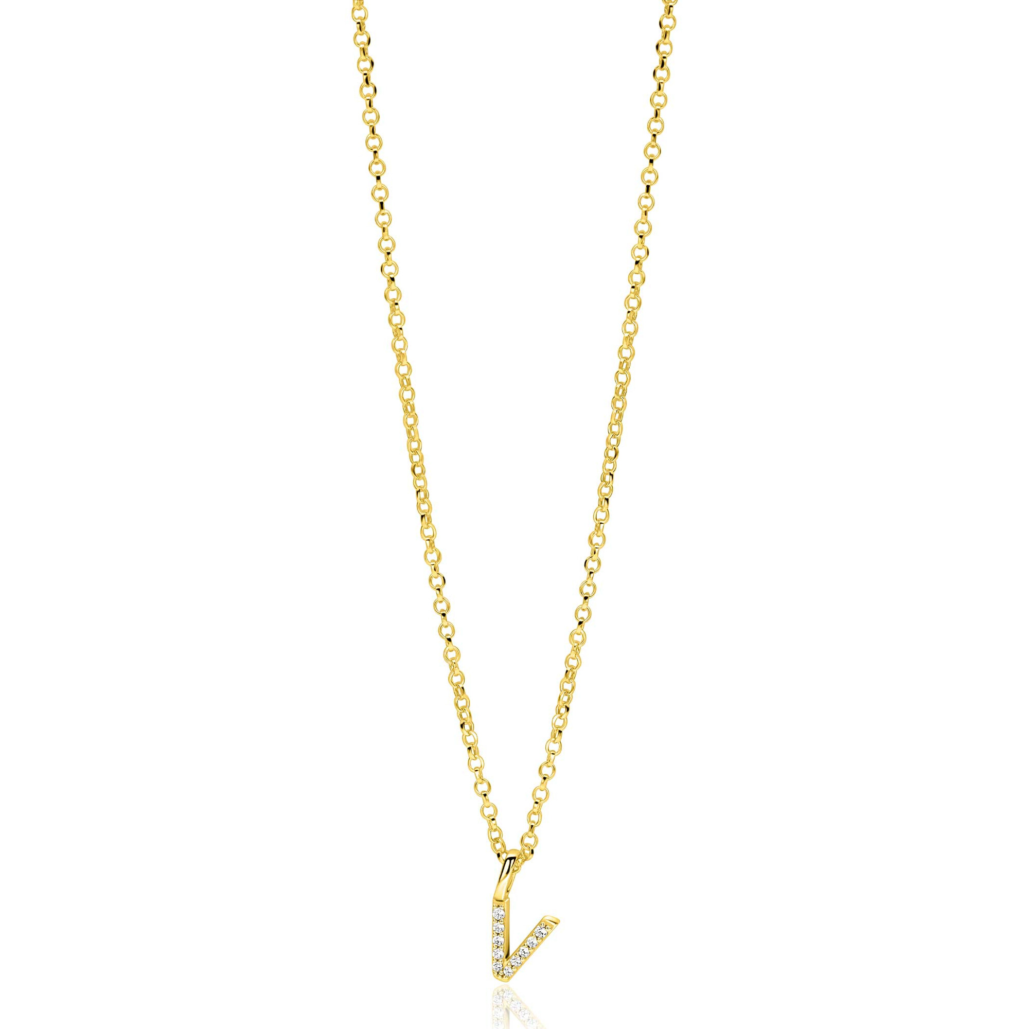 ZINZI gold plated zilveren letter hanger V bezet met witte zirkonia's ZIH2828-V (zonder ketting)
