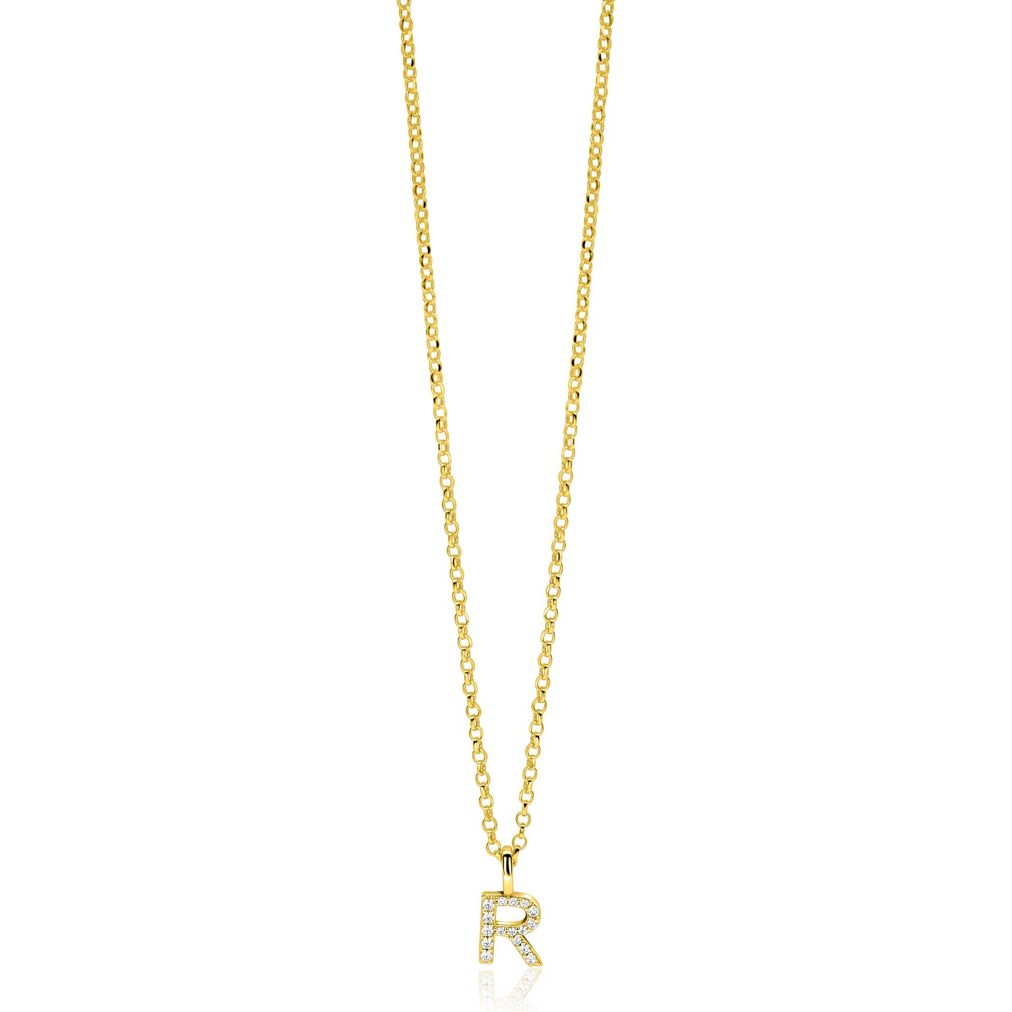 ZINZI gold plated zilveren letter hanger R bezet met witte zirkonia's ZIH2828-R (zonder ketting)