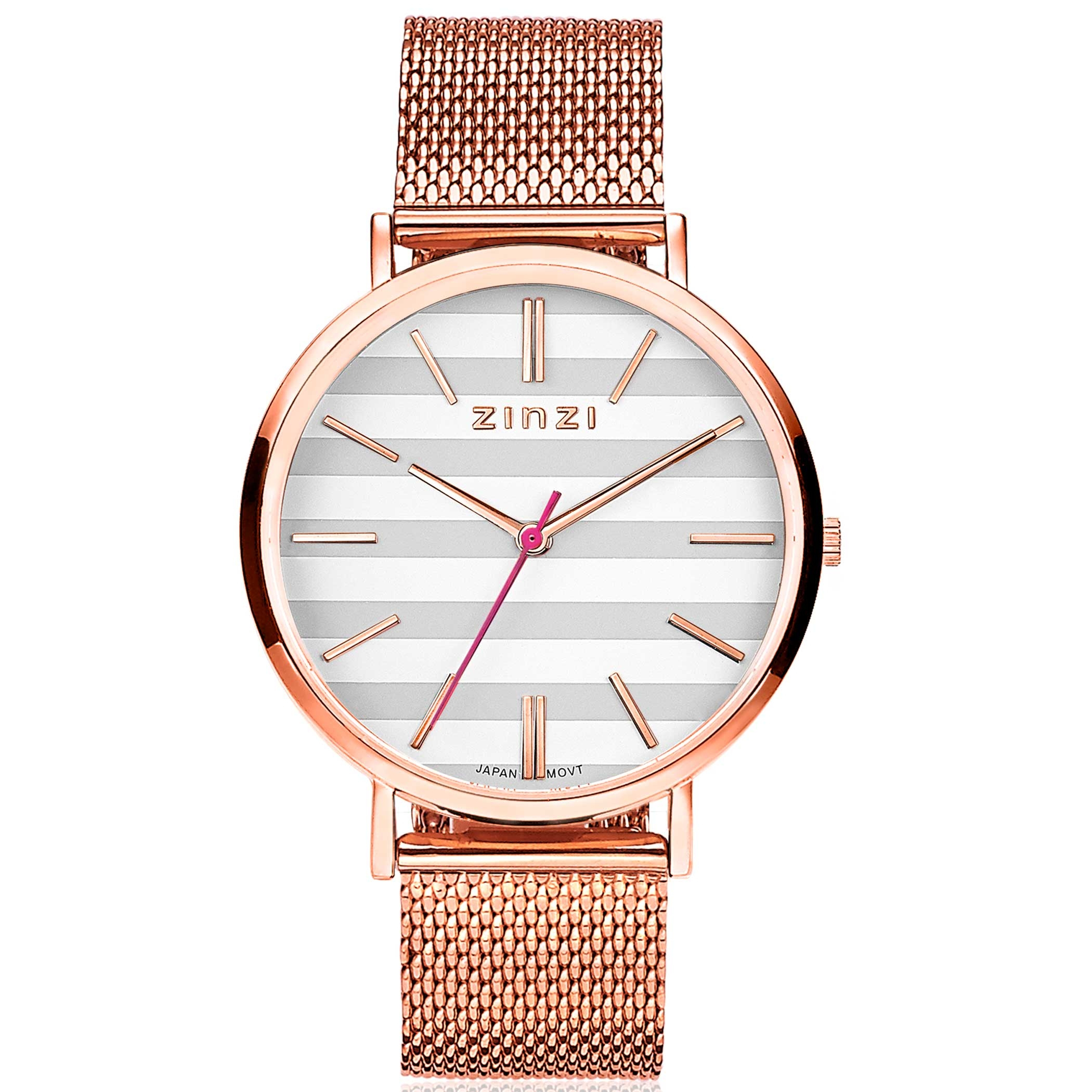 ZINZI Retro horloge grijs-wit gestreepte wijzerplaat roségoudkleurige kast stalen mesh band roségoudkleurig 38mm extra dun ZIW420M