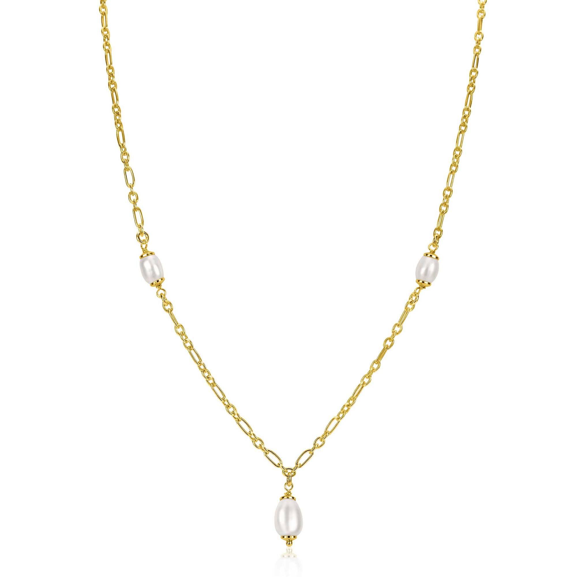 ZINZI gold plated zilveren schakelketting met drie ovale witte zoetwaterparels 40-45cm ZIC2588