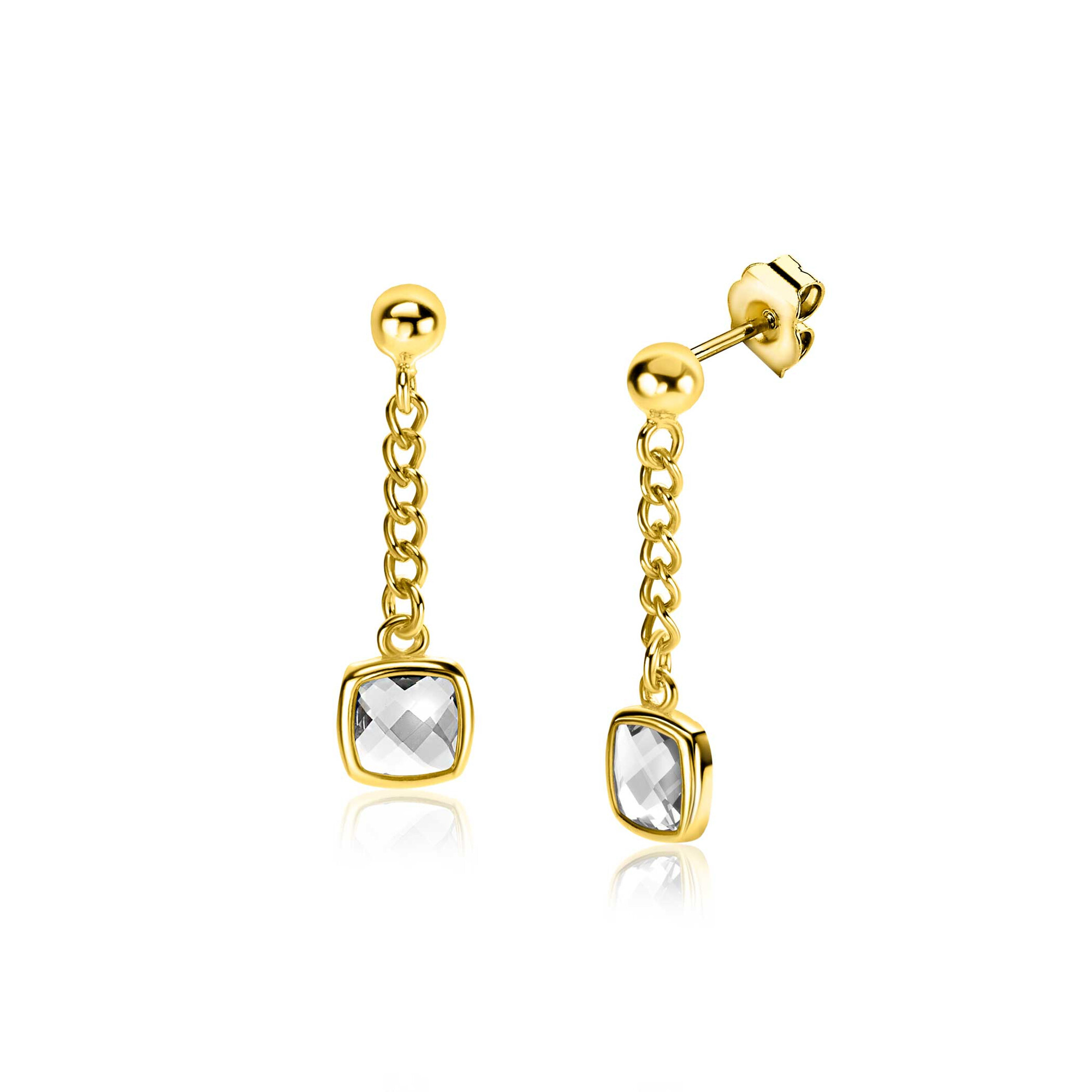 25mm ZINZI gold plated zilveren oorstekers met gourmet kettinkje en vierkante zetting bezet met witte zirconia ZIO2417Y
