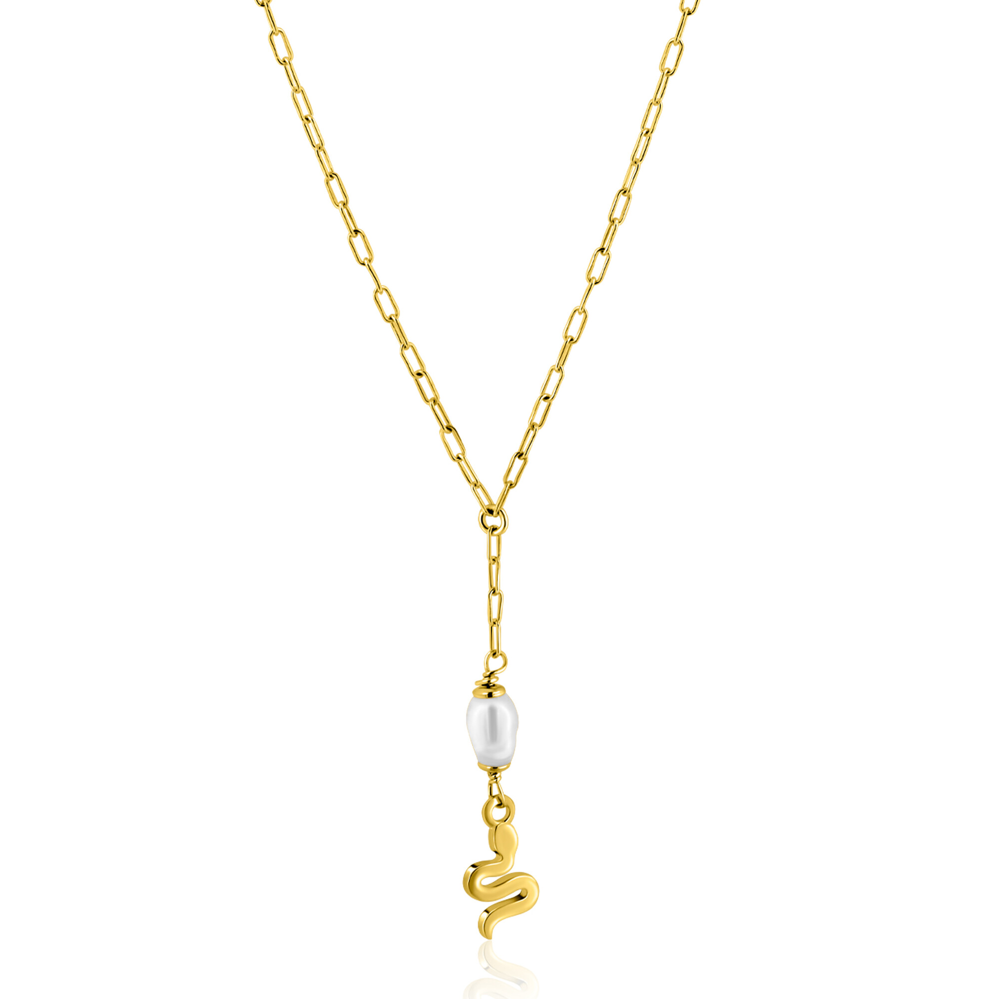 ZINZI gold plated zilveren paperclip Y-collier met witte zoetwaterparel en slang ZIC2761