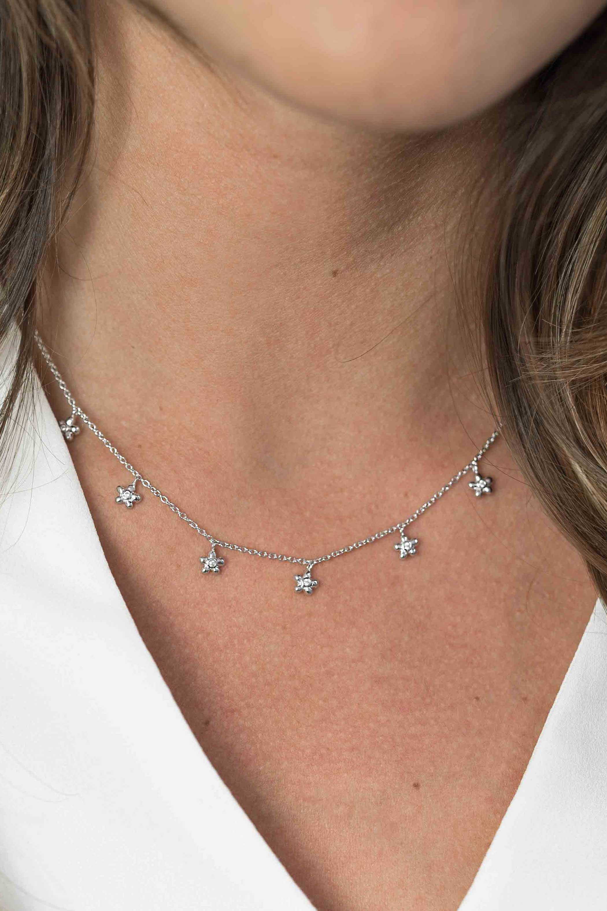 ZINZI zilveren ketting met zeven bloem-hangertjes, bezet met witte zirconia's  45cm ZIC1876
