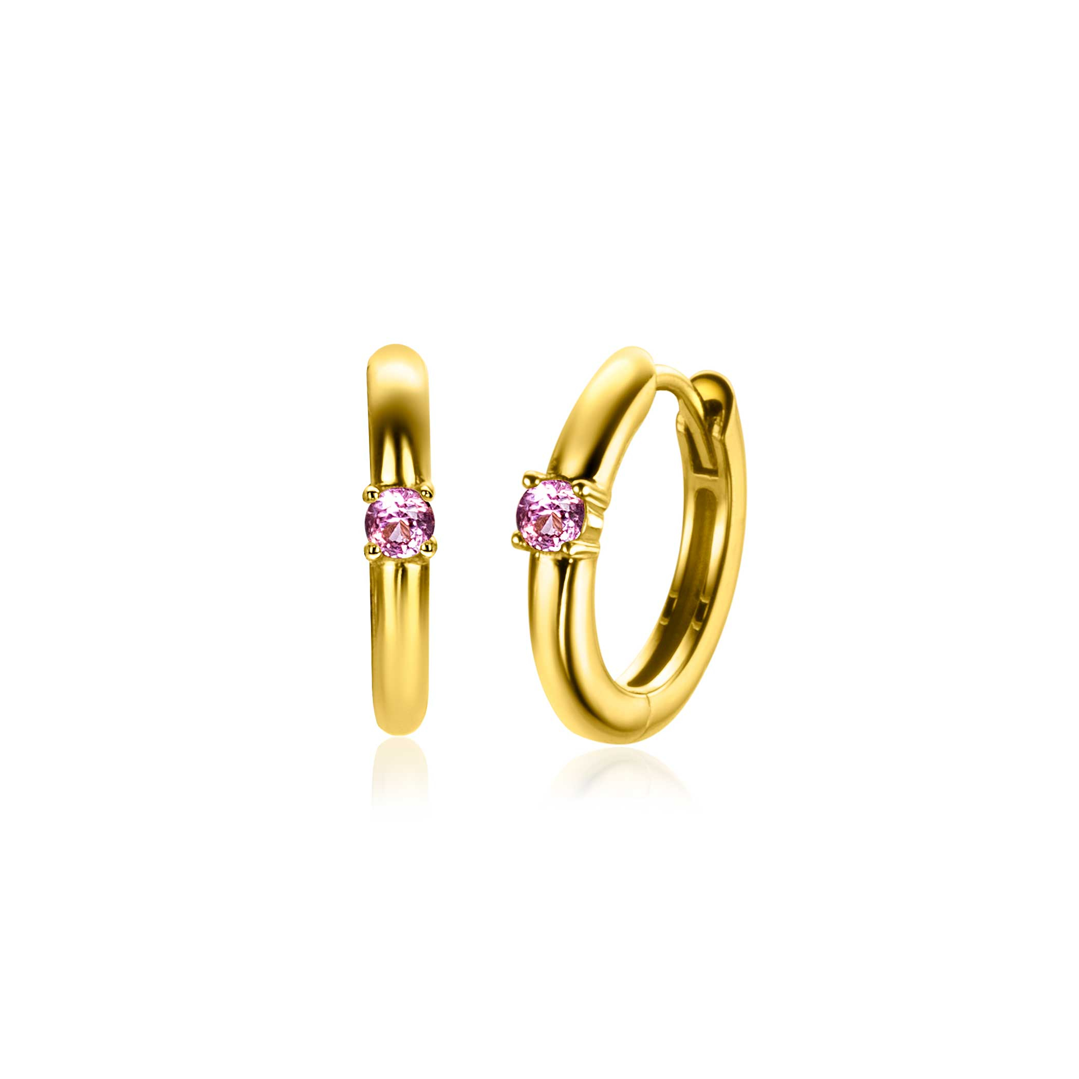 OKTOBER oorringen 13mm gold plated met geboortesteen roze rozenkwarts zirconia 
