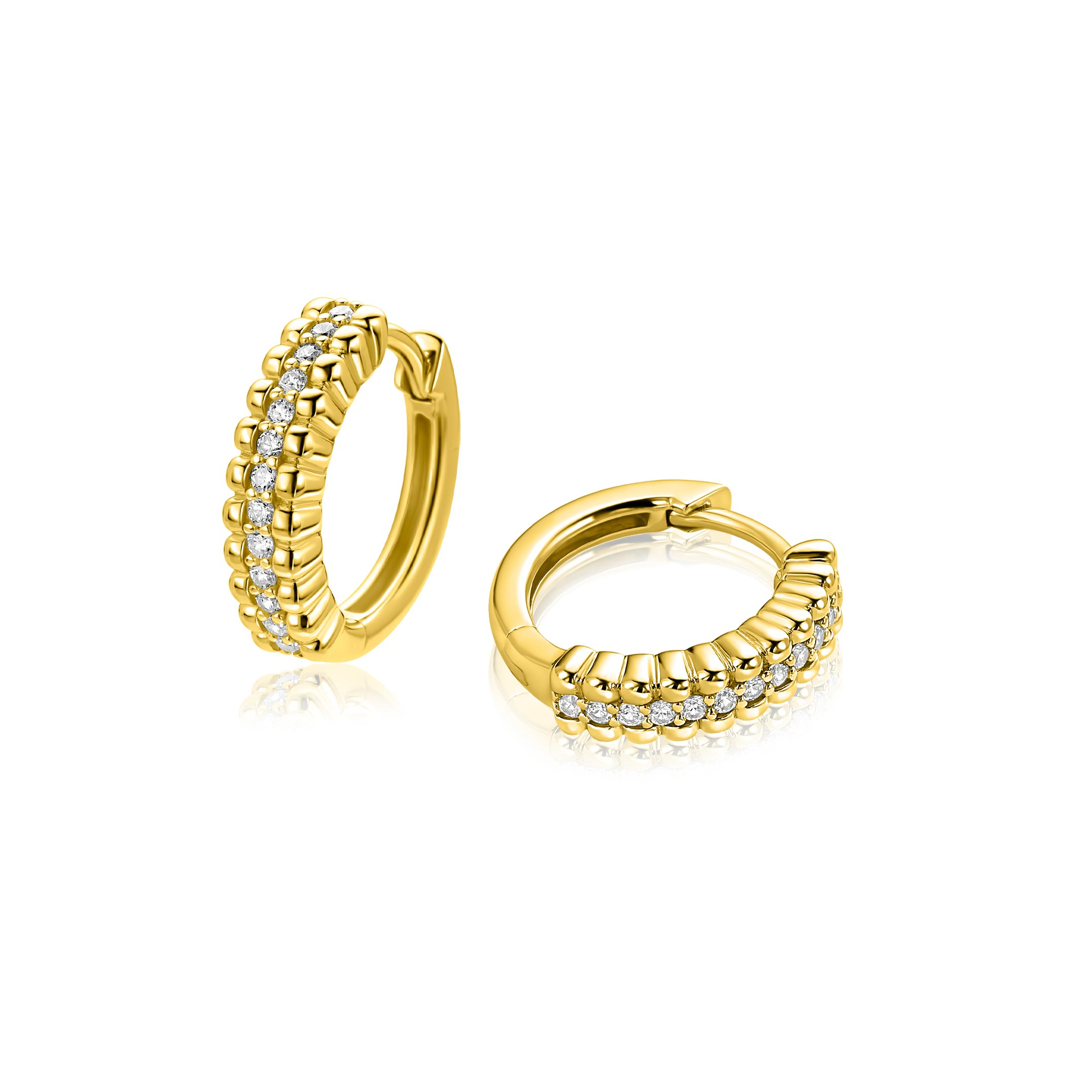 16,5mm ZINZI goldplated zilveren oorringen met speelse structuur en een rij witte zirkonia's in het midden, luxe klapsluiting ZIO2834Y