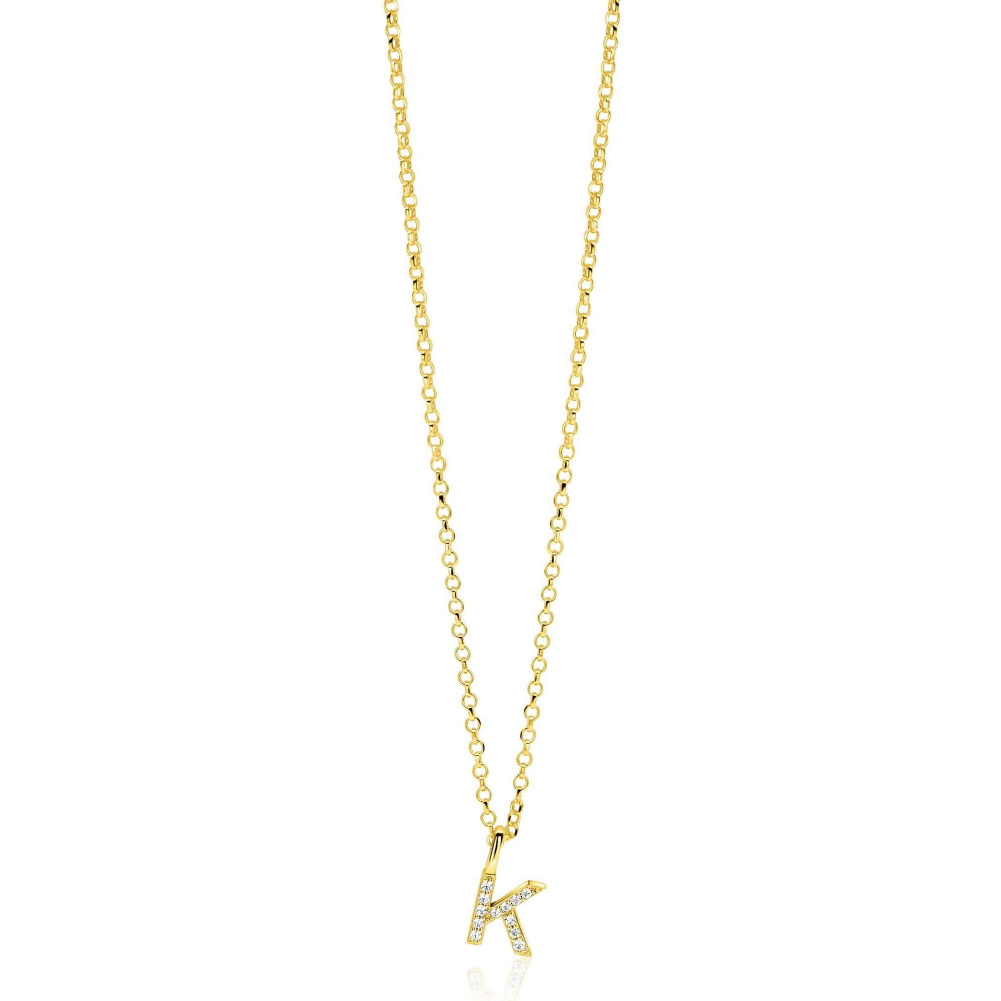 ZINZI gold plated zilveren letter hanger K bezet met witte zirkonia's ZIH2828-K (zonder ketting)