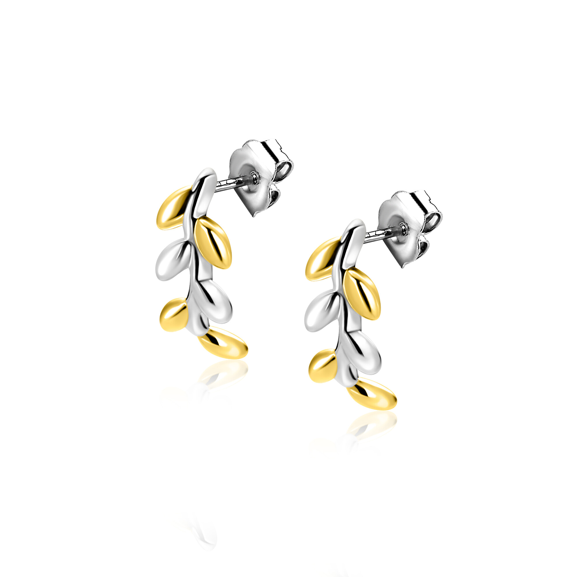 12mm ZINZI zilveren oorstekers bicolor takje met bladeren ZIO2740