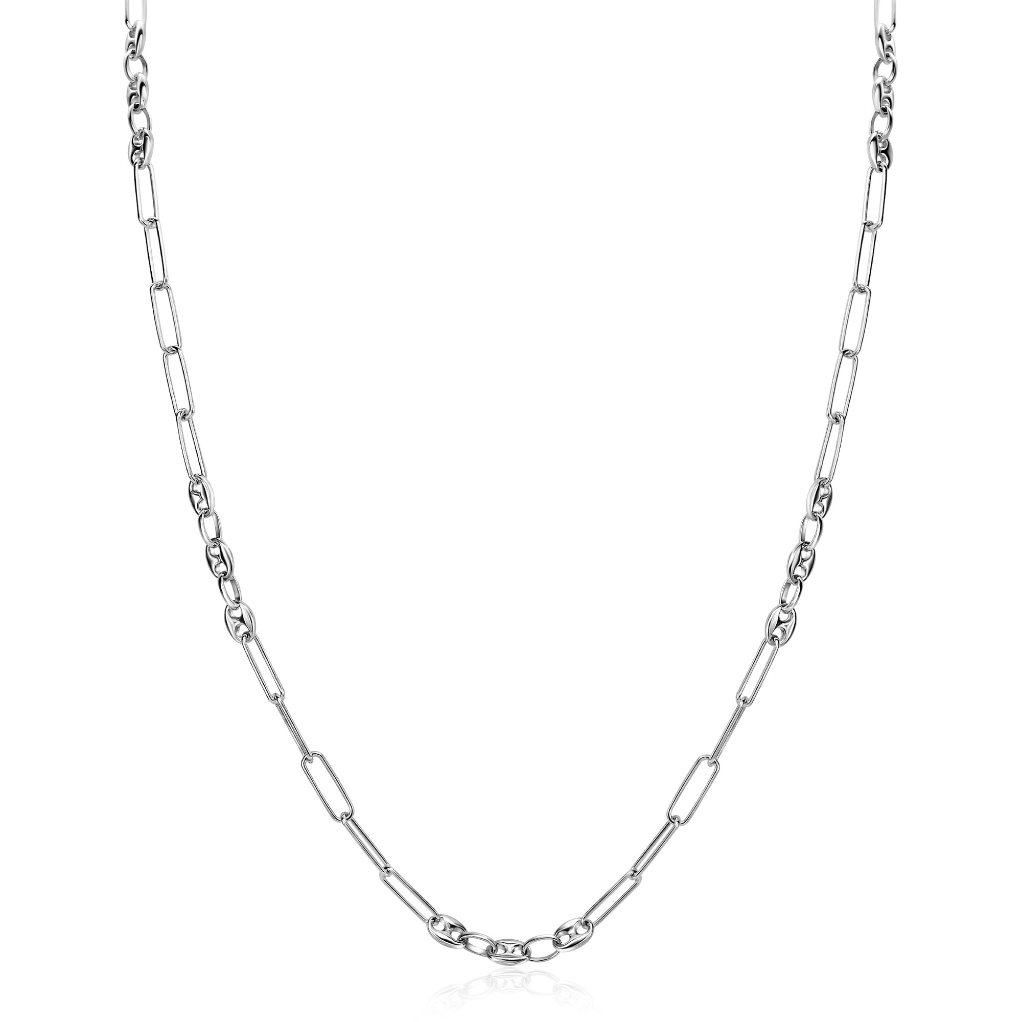 ZINZI zilveren koffieboon schakelketting 45cm, gecombineerd met lange ovale schakels ZIC2467