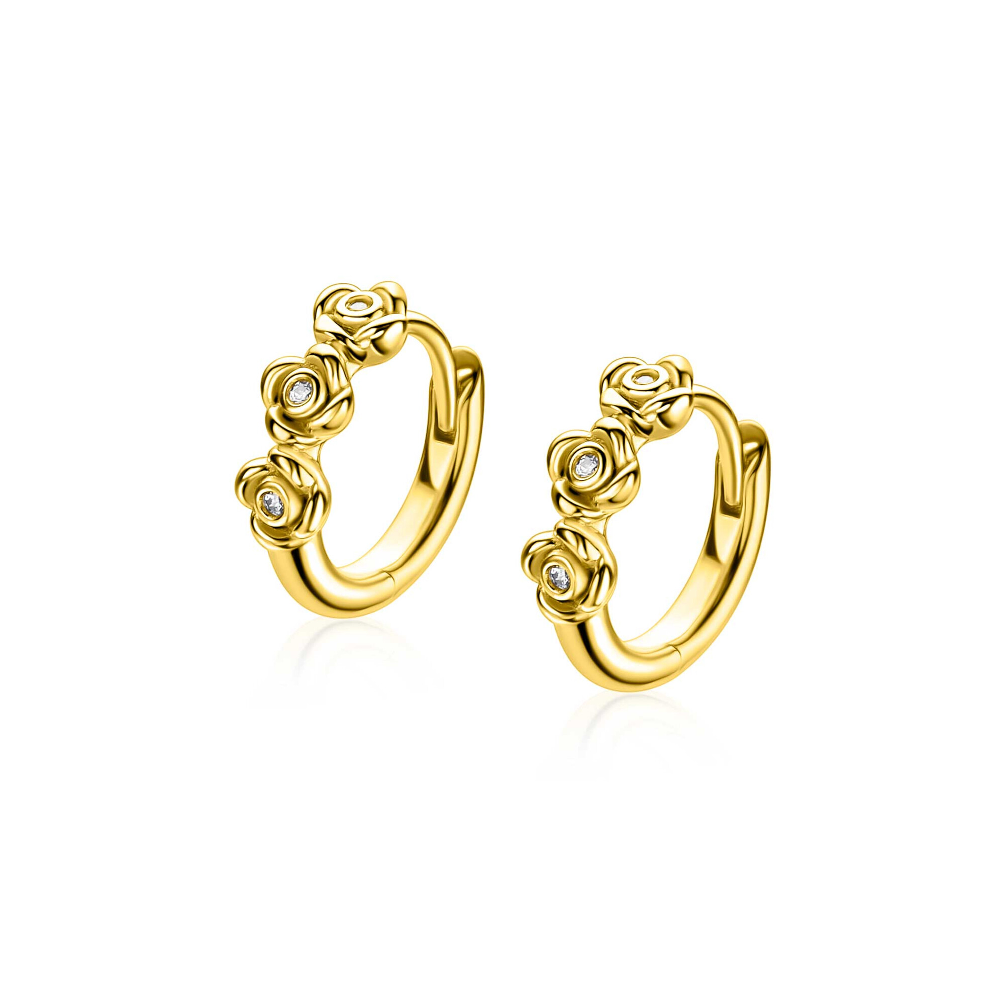13mm ZINZI gold plated zilveren oorringen met drie roosjes, bezet met witte zirkonia’s, luxe klapsluiting ZIO2873Y