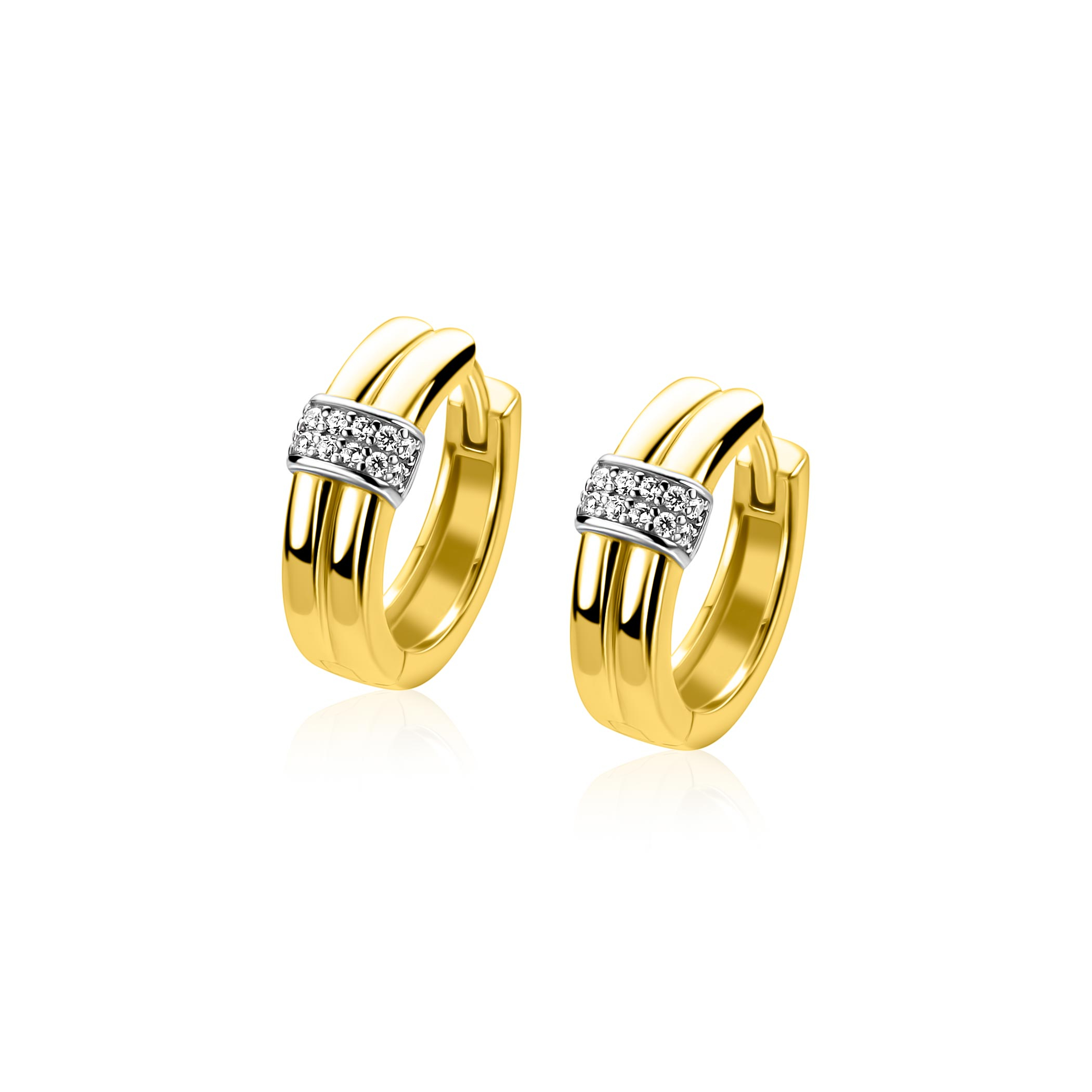 15mm ZINZI goldplated zilveren oorringen met gladde banen en schitterend pavé van zirkonia's, luxe klapsluiting ZIO2830
