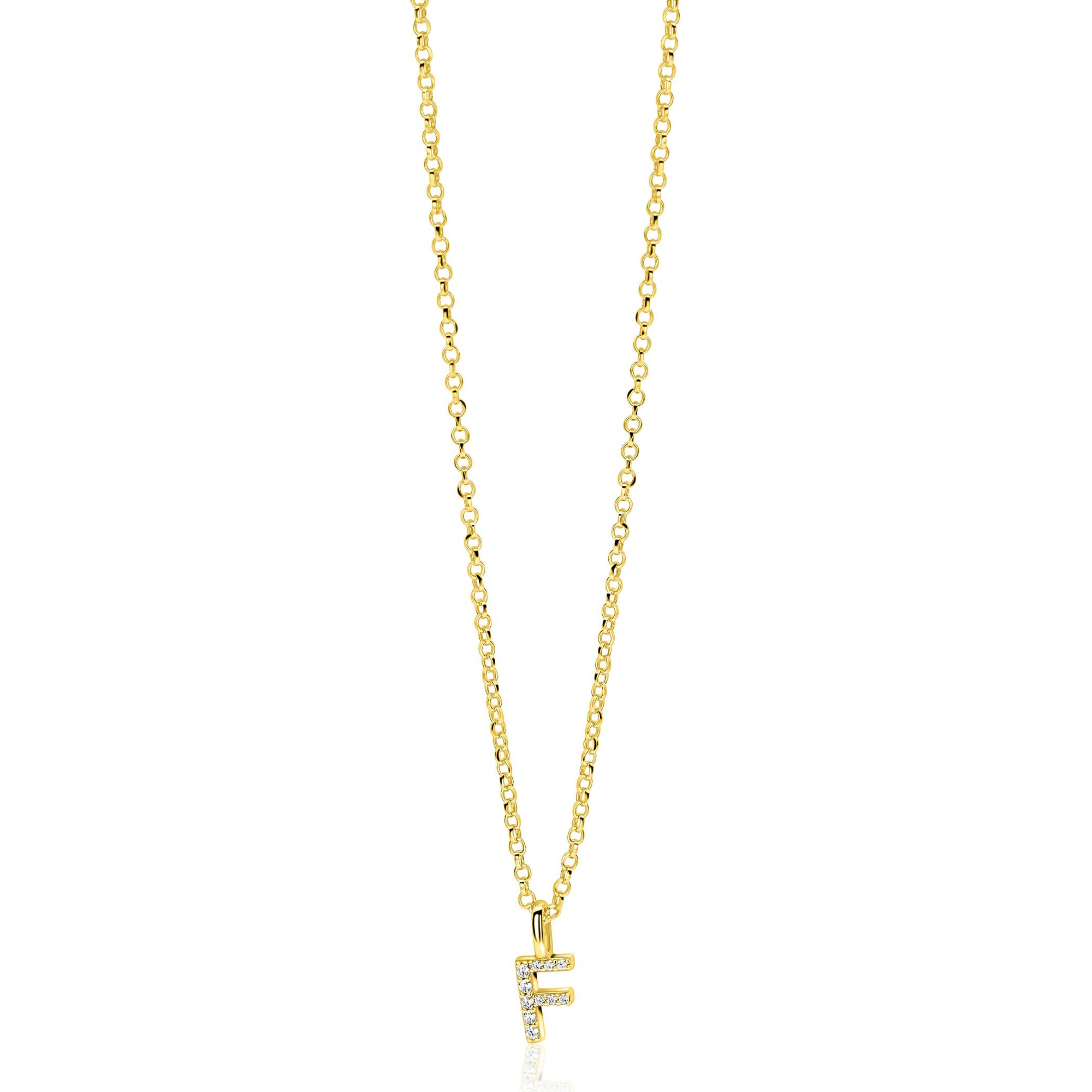 ZINZI gold plated zilveren letter hanger F bezet met witte zirkonia's ZIH2828-F (zonder ketting)