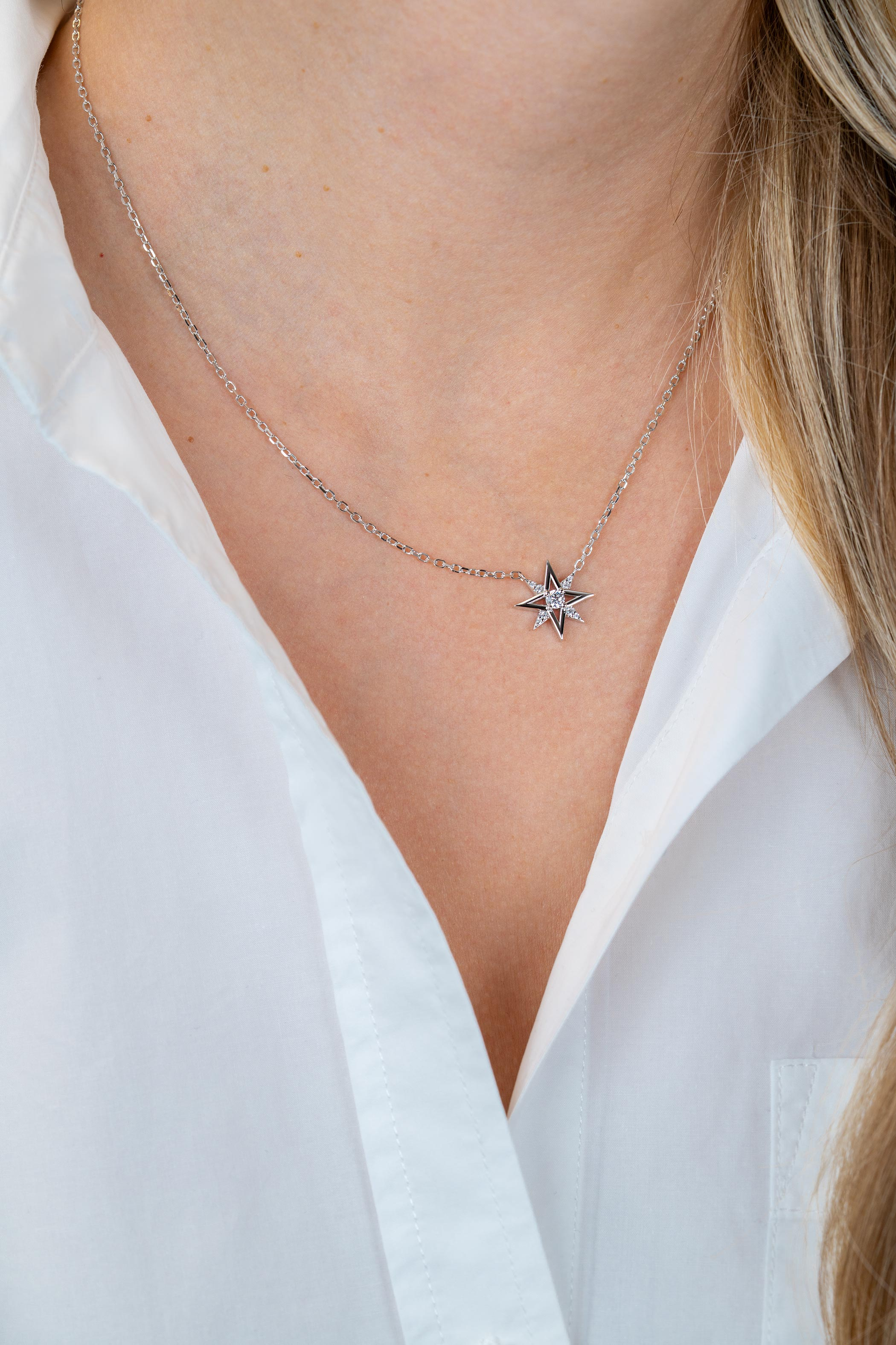 ZINZI zilveren ketting 45cm met chique ster bezet met witte zirkonia’s ZIC2838