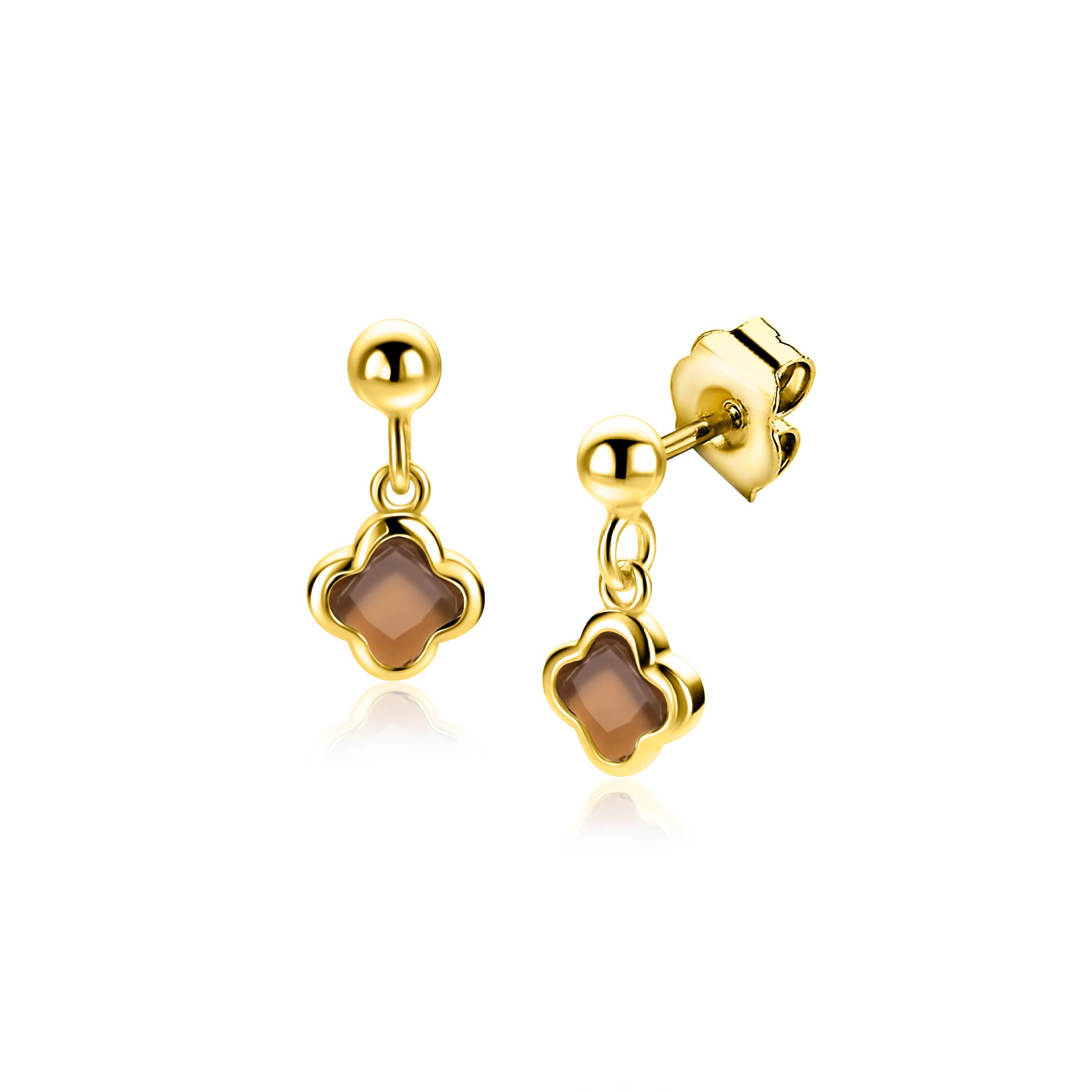 16mm ZINZI goldplated zilveren oorstekers met bruine klavers 8mm ZIO2772