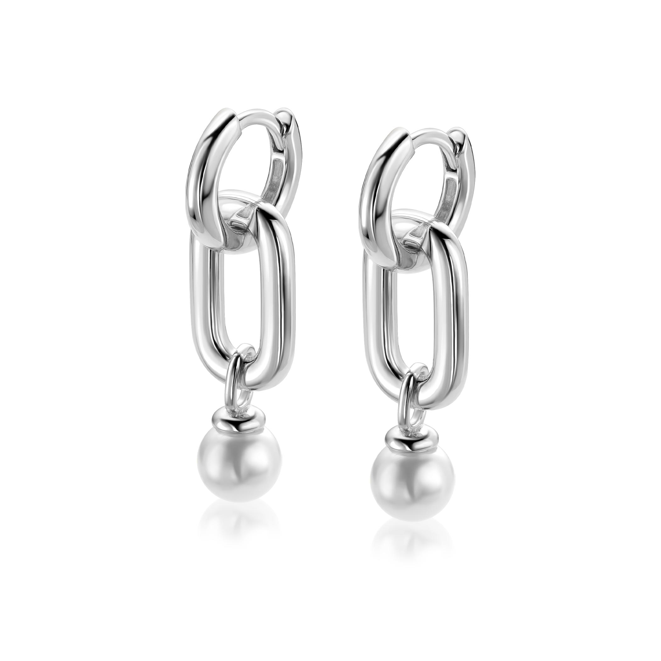 23mm ZINZI zilveren oorbedels met een langwerpige stoere schakel en witte parel ZICH2821 (zonder oorringen)