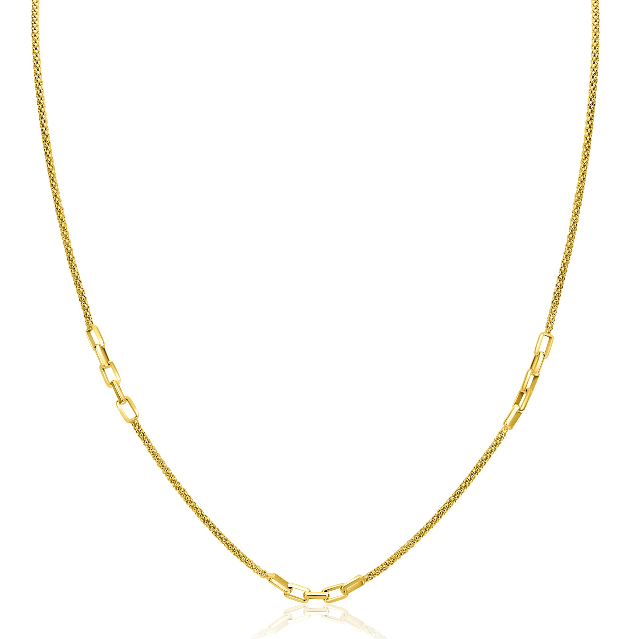 ZINZI gold plated zilveren popcorn schakelketting 45-48cm met drie paperclip schakelaccenten ZIC2709G