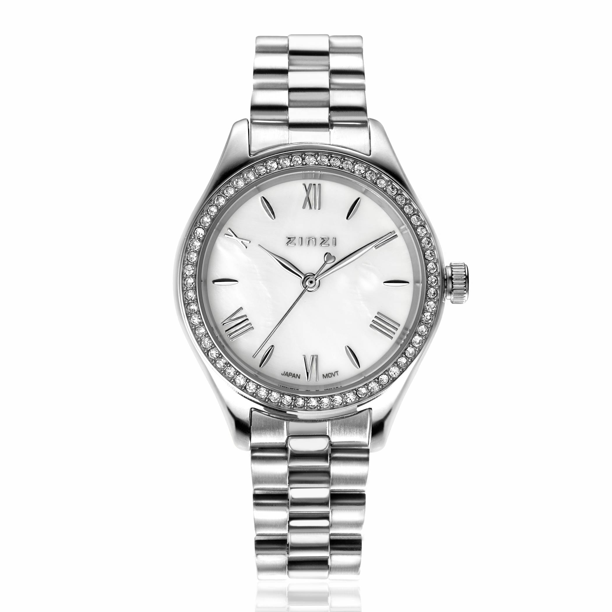 ZINZI Tresor horloge 32mm bezet met witte zirkonia's, parelmoer wijzerplaat en zilverkleurige stalen kast en schakelband ZIW2417
