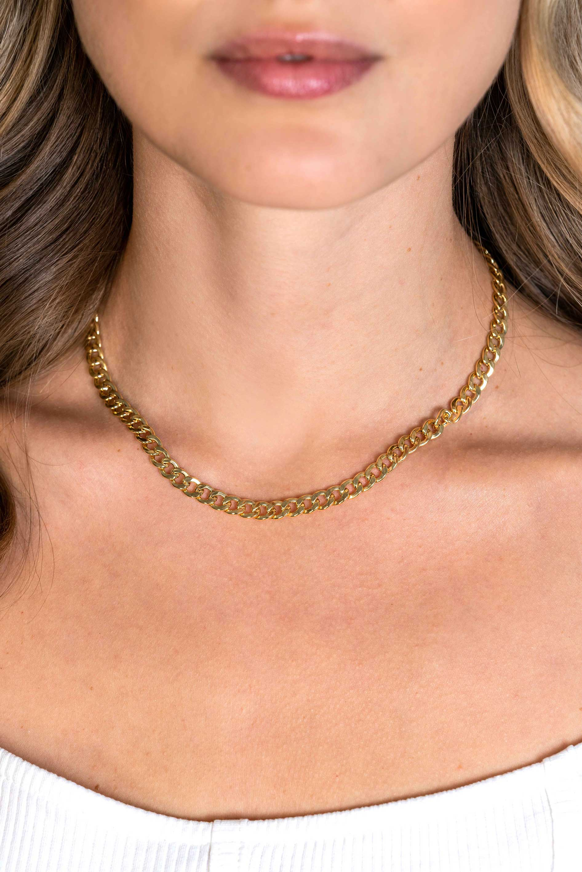 ZINZI gold plated zilveren brede gourmet ketting 42cm met zilveren ovale sluitring ZIC2378G