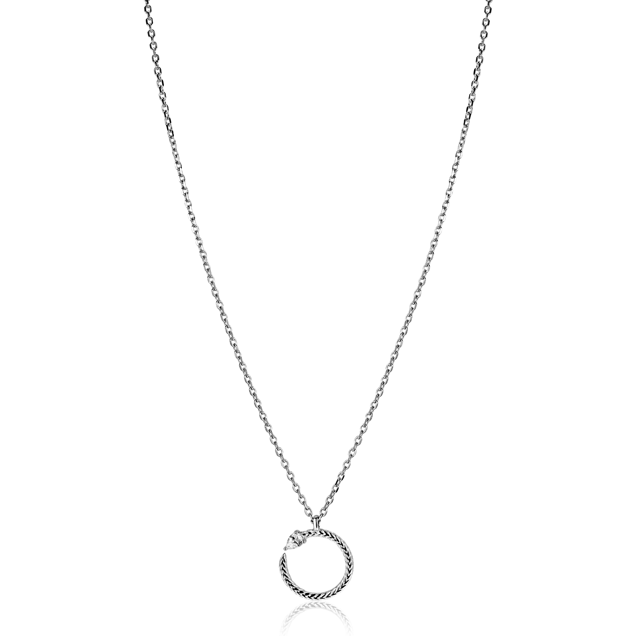 ZINZI zilveren ketting 42–45cm met ronde slang-hanger (15mm), bezet met peervormige witte zirkonia ZIC2722