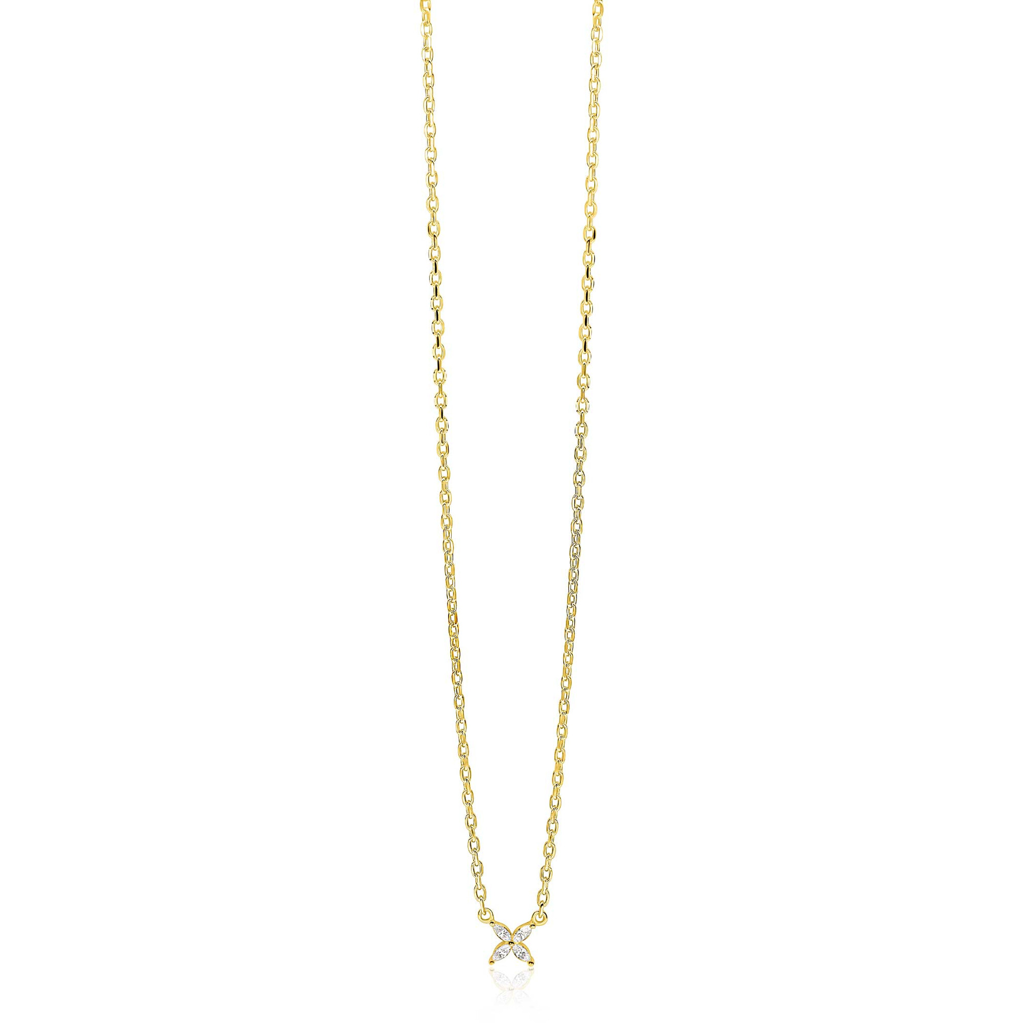 ZINZI gold plated zilveren ketting met bloem bezet met vier druppelvormige witte zirconia's 42-45cm ZIC2624