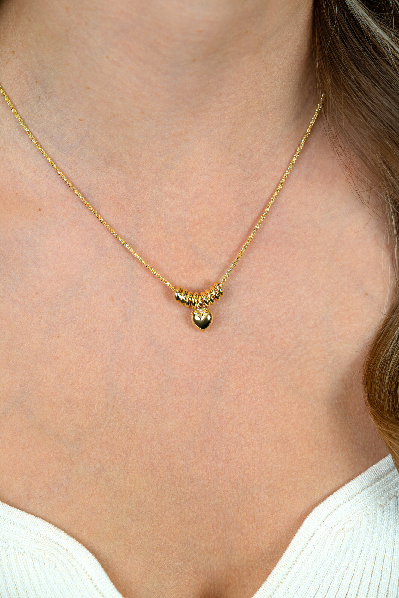 ZINZI gold plated zilveren ketting 42-45cm met hart en 8 glanzende donuts ZIC2760