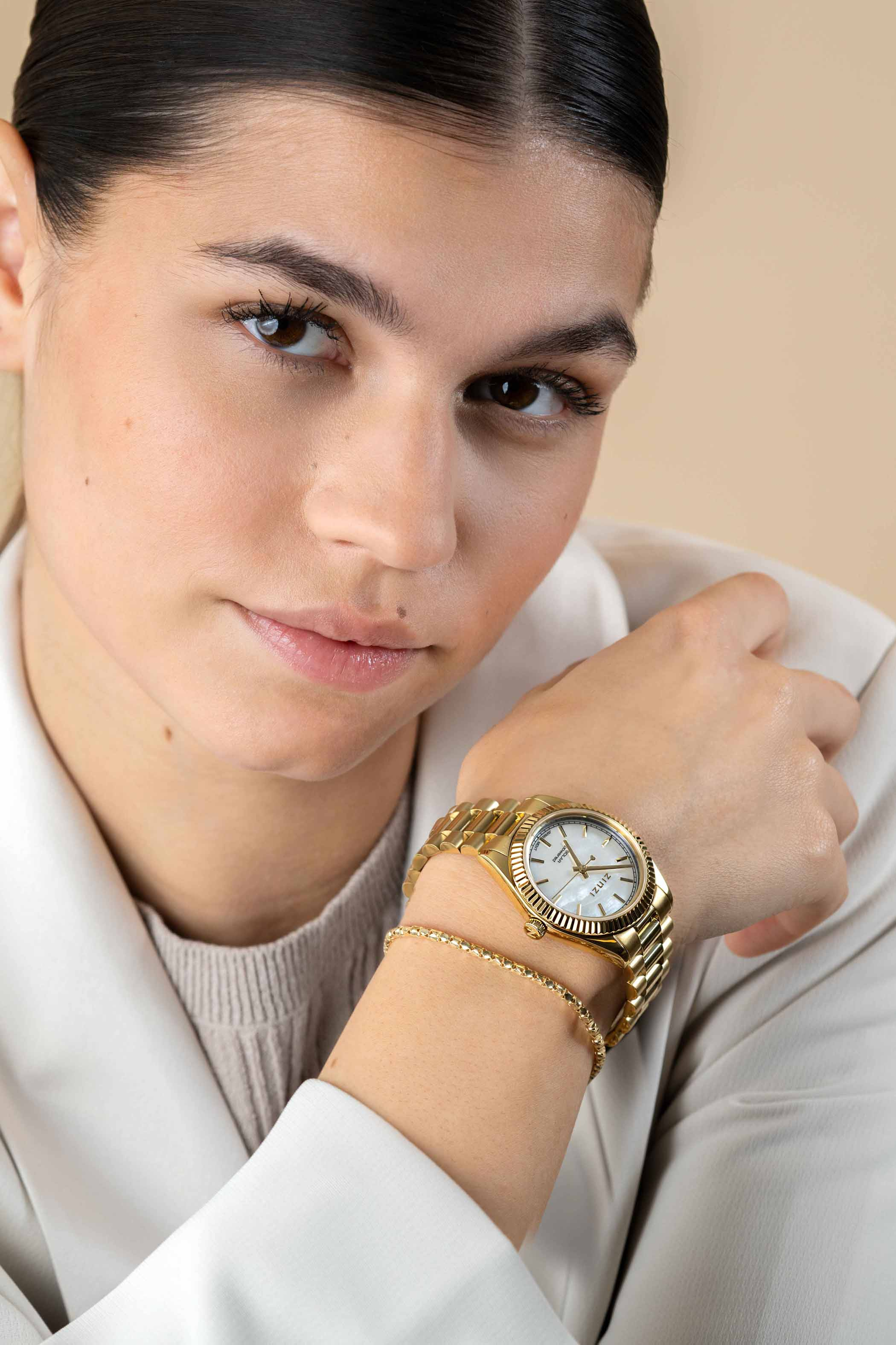 ZINZI Solaris horloge met witte parelmoer wijzerplaat, stalen