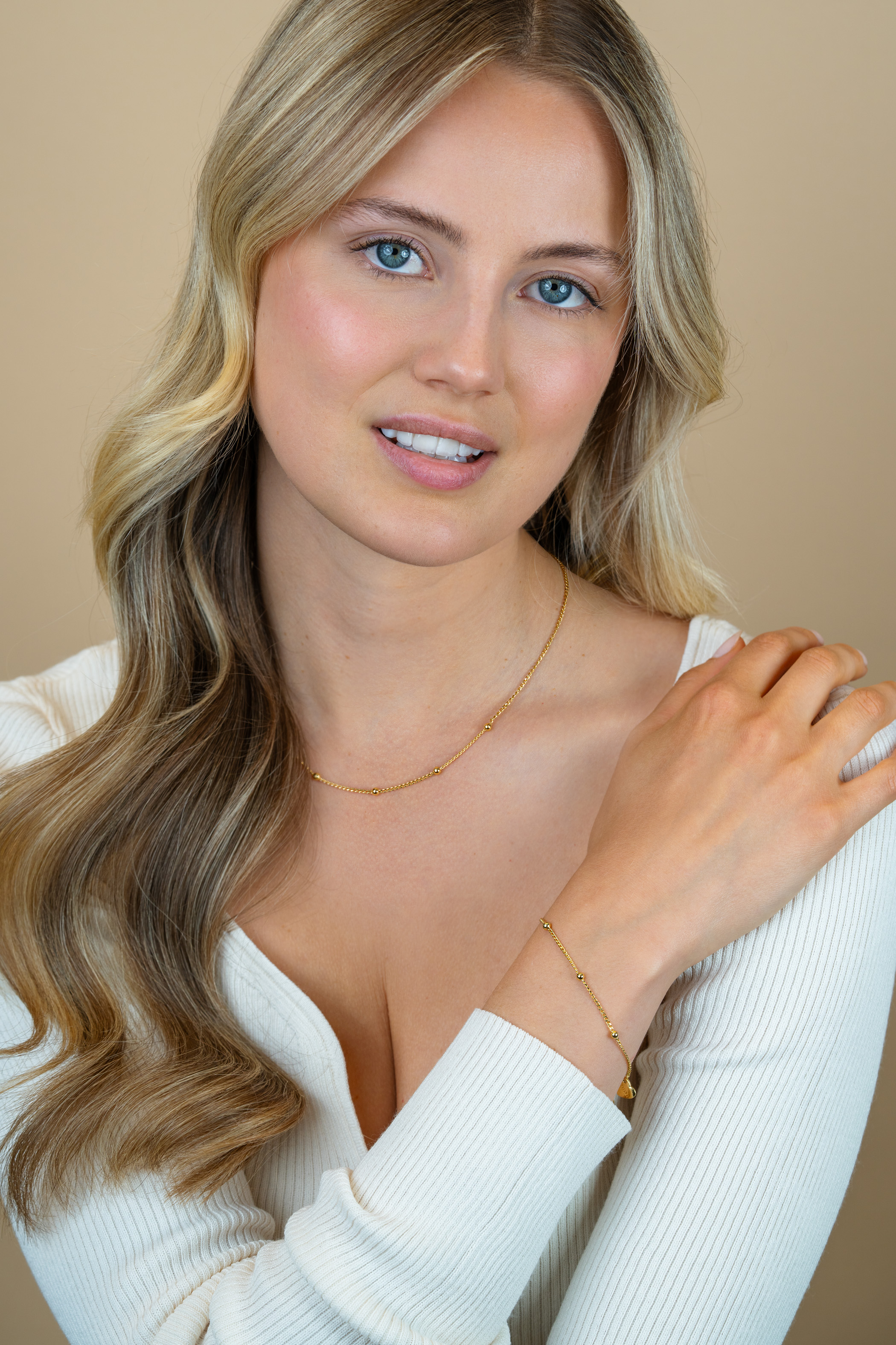 ZINZI gold plated zilveren gourmet ketting met vijf bolletjes 42–45cm ZIC2714G