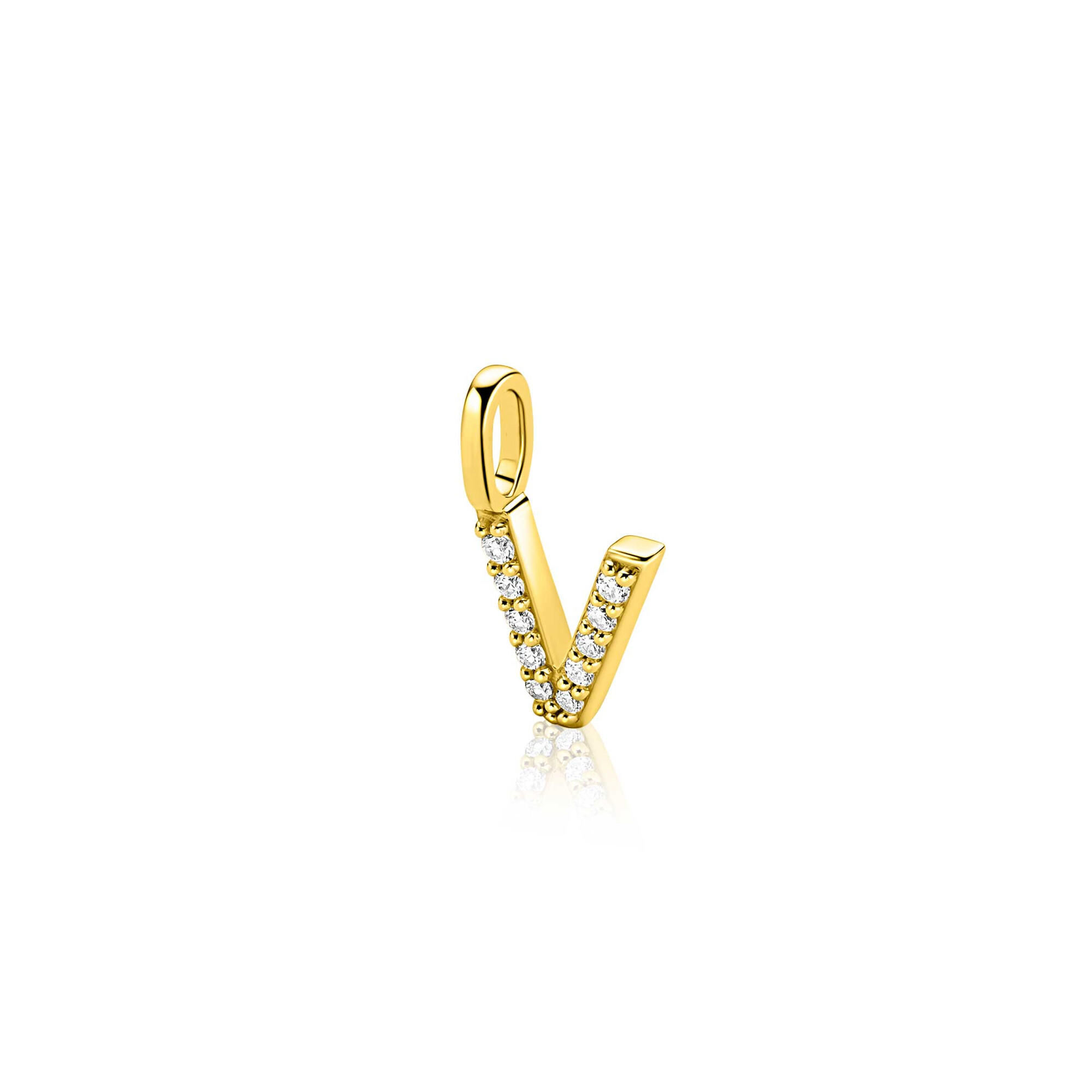 ZINZI gold plated zilveren letter hanger V bezet met witte zirkonia's ZIH2828-V (zonder ketting)