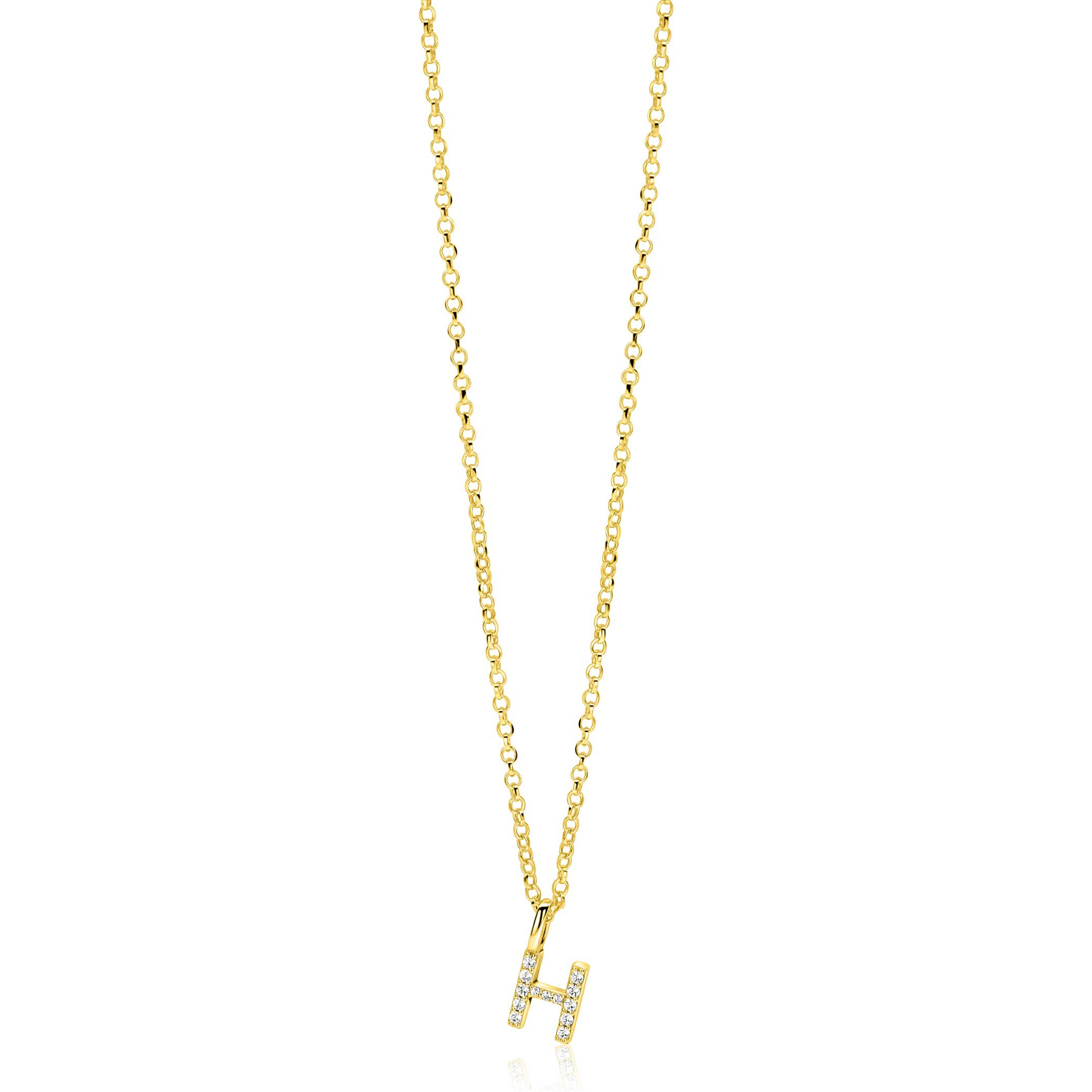 ZINZI gold plated zilveren letter hanger H bezet met witte zirkonia's ZIH2828-H (zonder ketting)