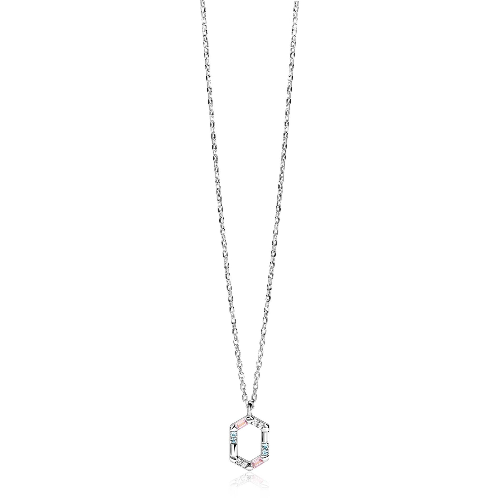 ZINZI zilveren ketting met zeshoekige hanger (18mm) bezet met witte, roze en lichtblauwe kleurstenen 42-45cm ZIC2868