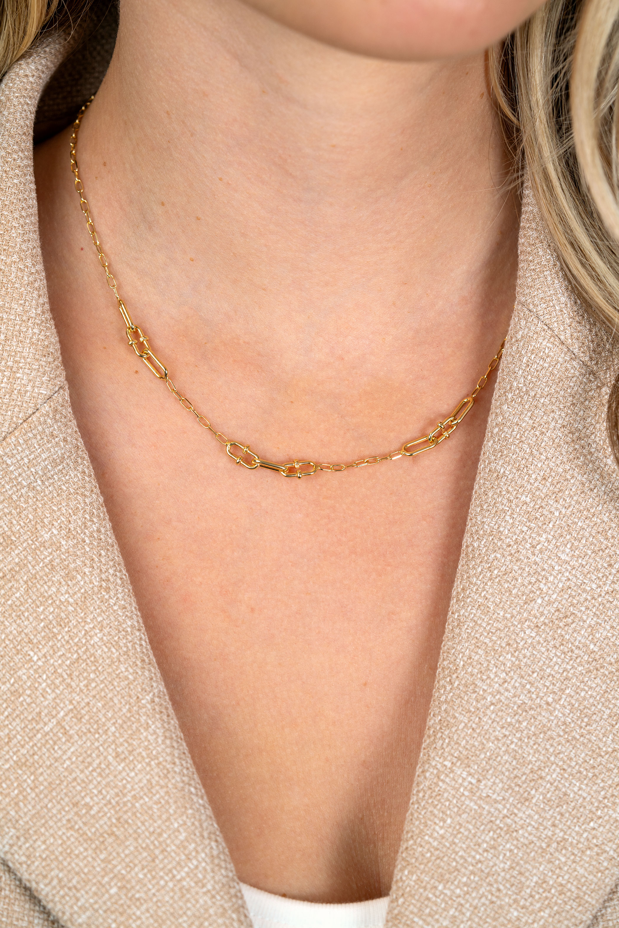 ZINZI gold plated zilveren ketting 45cm met paperclip schakels en dubbele geknoopte schakels ZIC2798