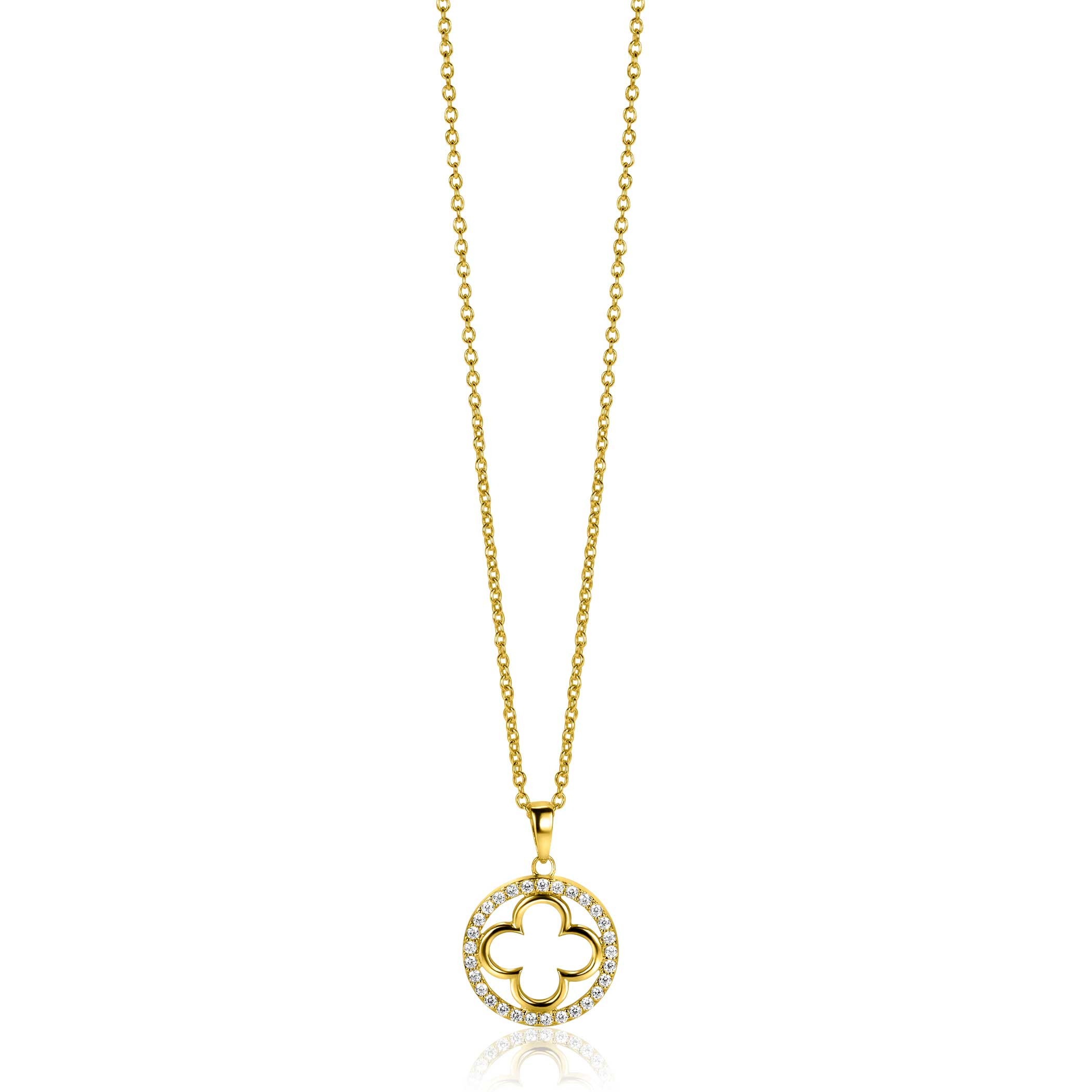 ZINZI gold plated zilveren anker ketting met luxe klaver hanger (15mm) rondom bezet met witte zirconia's 45-48cm ZIC2617Y