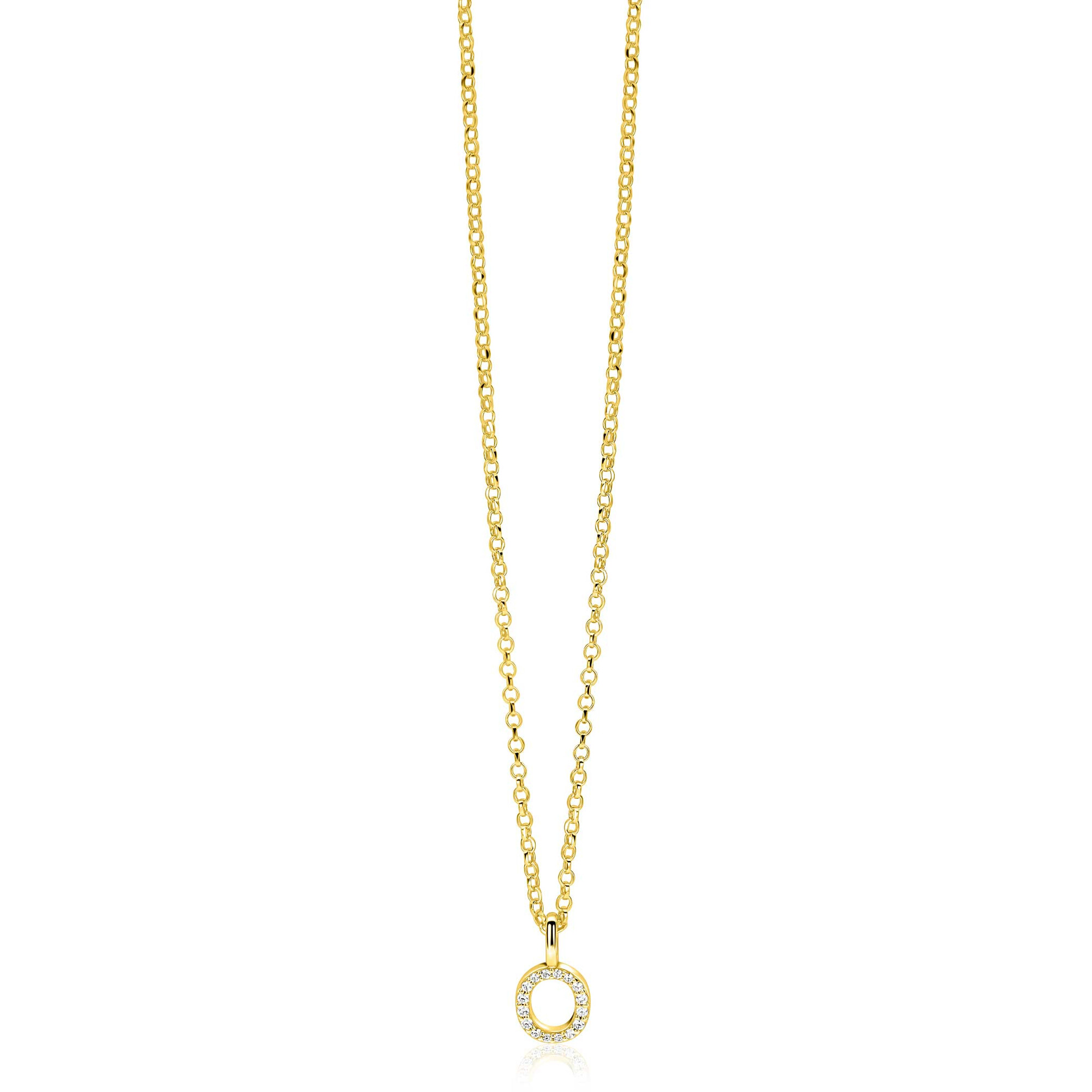 ZINZI gold plated zilveren letter hanger O bezet met witte zirkonia's ZIH2828-O (zonder ketting)