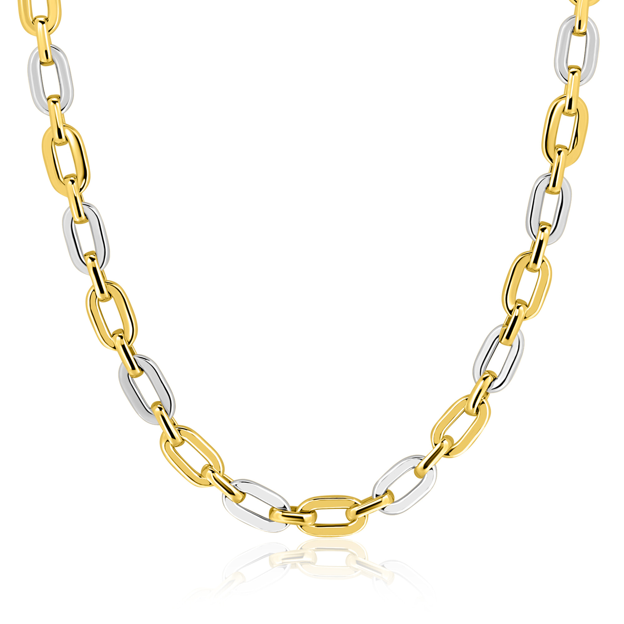 ZINZI gold plated zilveren schakelketting 42-45cm met bicolor rechthoekige schakels (6,5mm breed) ZIC2757