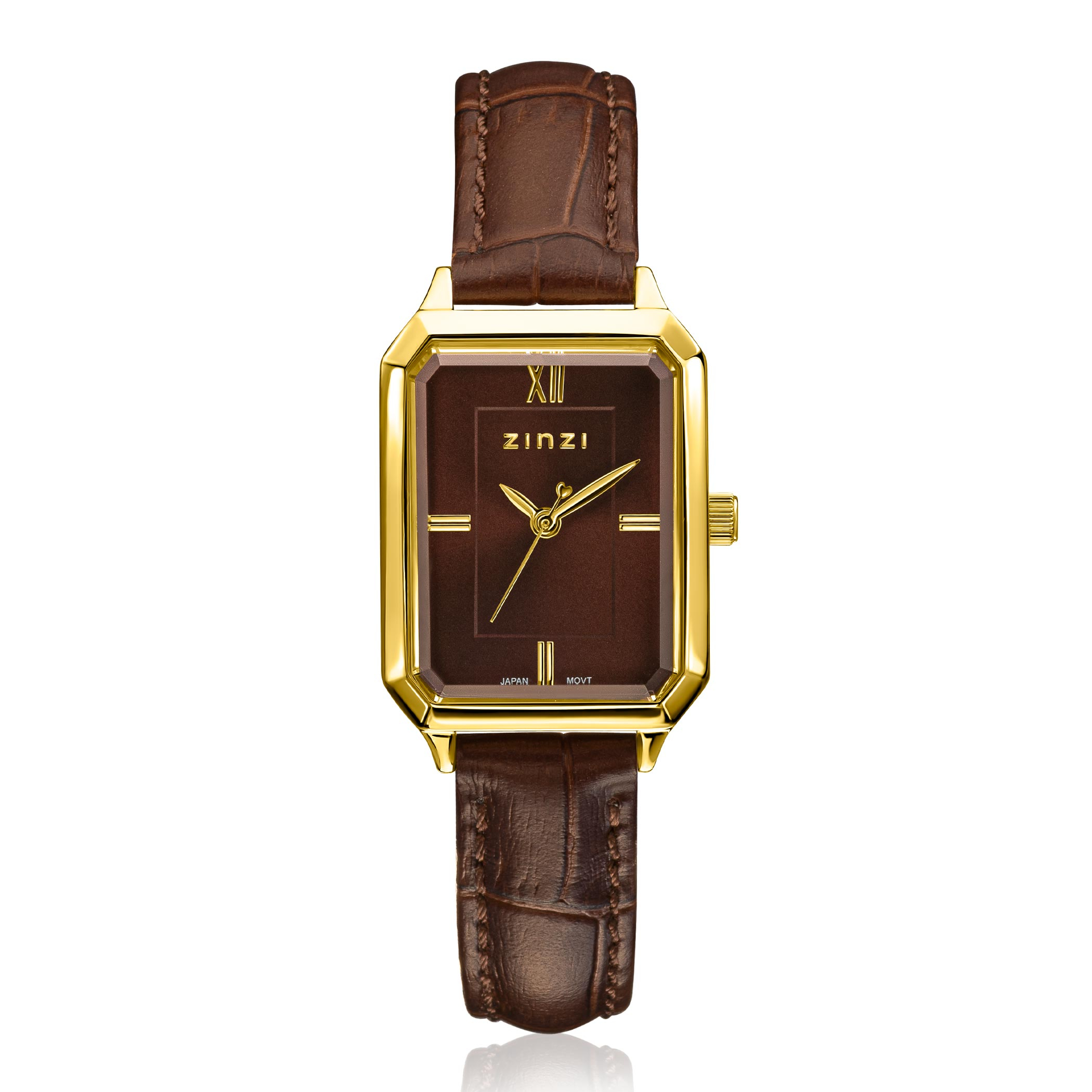 ZINZI Allure horloge 30mm achthoekige kast, bruine wijzerplaat, geelgoudkleurige kast en leren band, Japans uurwerk ZIW2536B
