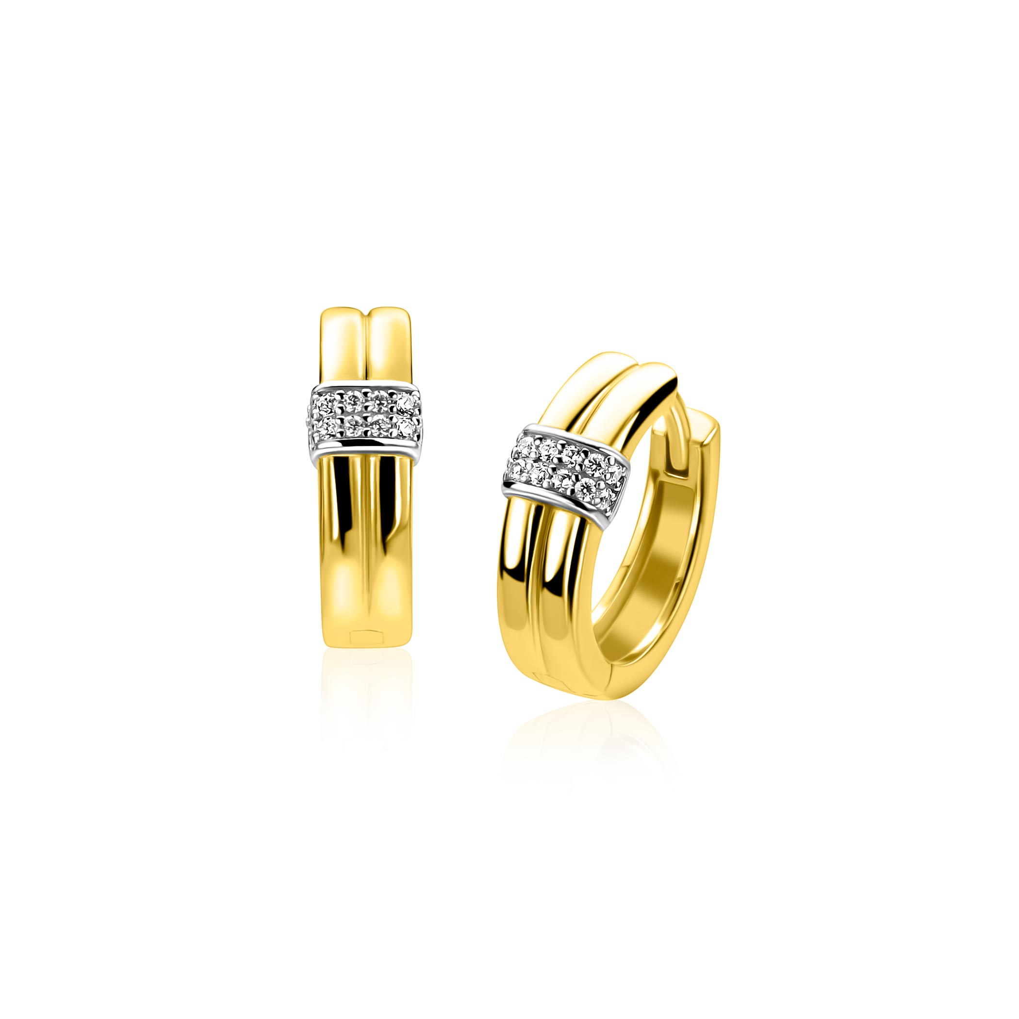 15mm ZINZI goldplated zilveren oorringen met gladde banen en schitterend pavé van zirkonia's, luxe klapsluiting ZIO2830