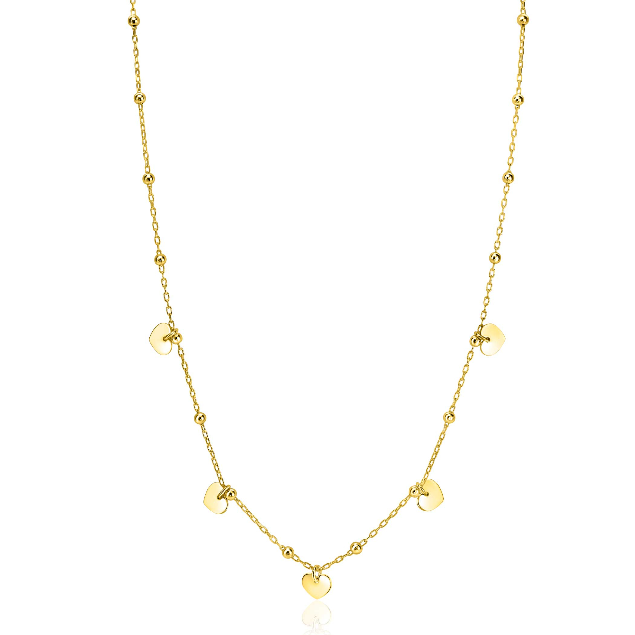 ZINZI gold plated zilveren ankerketting met kleine bolletjes en vijf gladde hartjes 42-45cm ZIC2531G