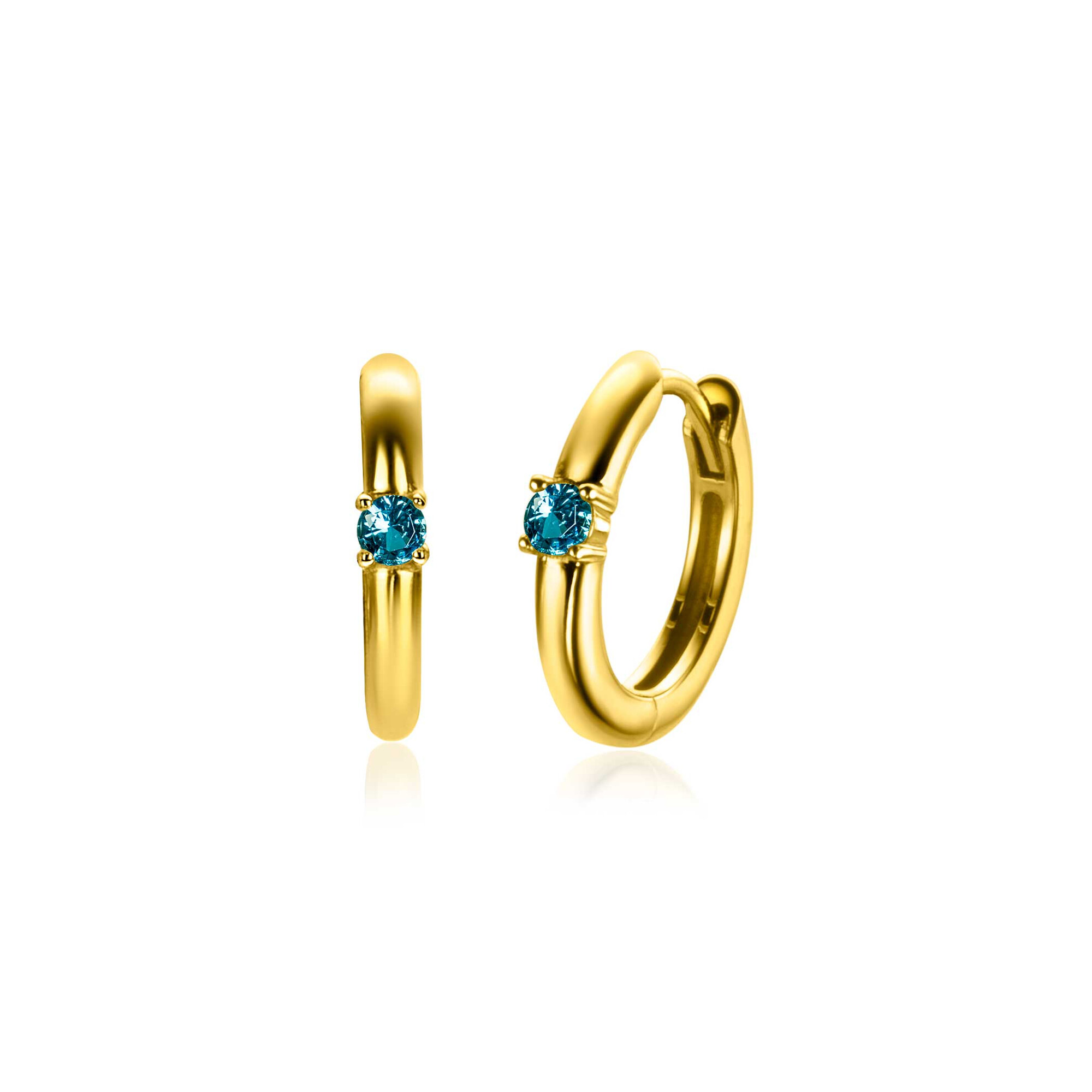 MAART oorringen 13mm gold plated met geboortesteen blauw aquamarijn zirconia 
