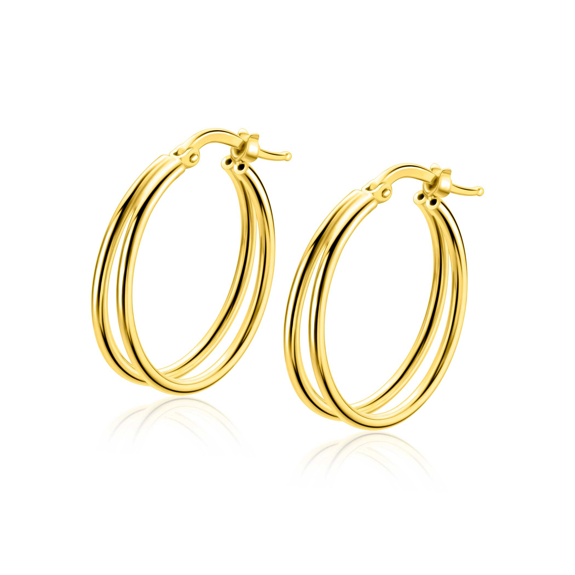 24mm ZINZI gold plated zilveren multi-look oorringen met dubbele buis. Met gemakkelijke bovensluiting ZIO2858G