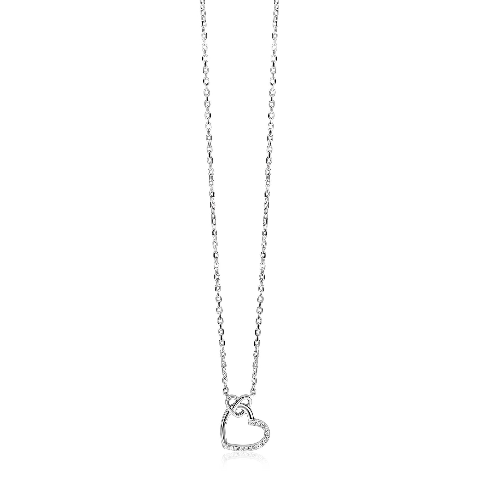 ZINZI zilveren ketting met twee sierlijke harten die met elkaar verbonden zijn, ook bezet met witte zirkonia's 42-45cm ZIC2874