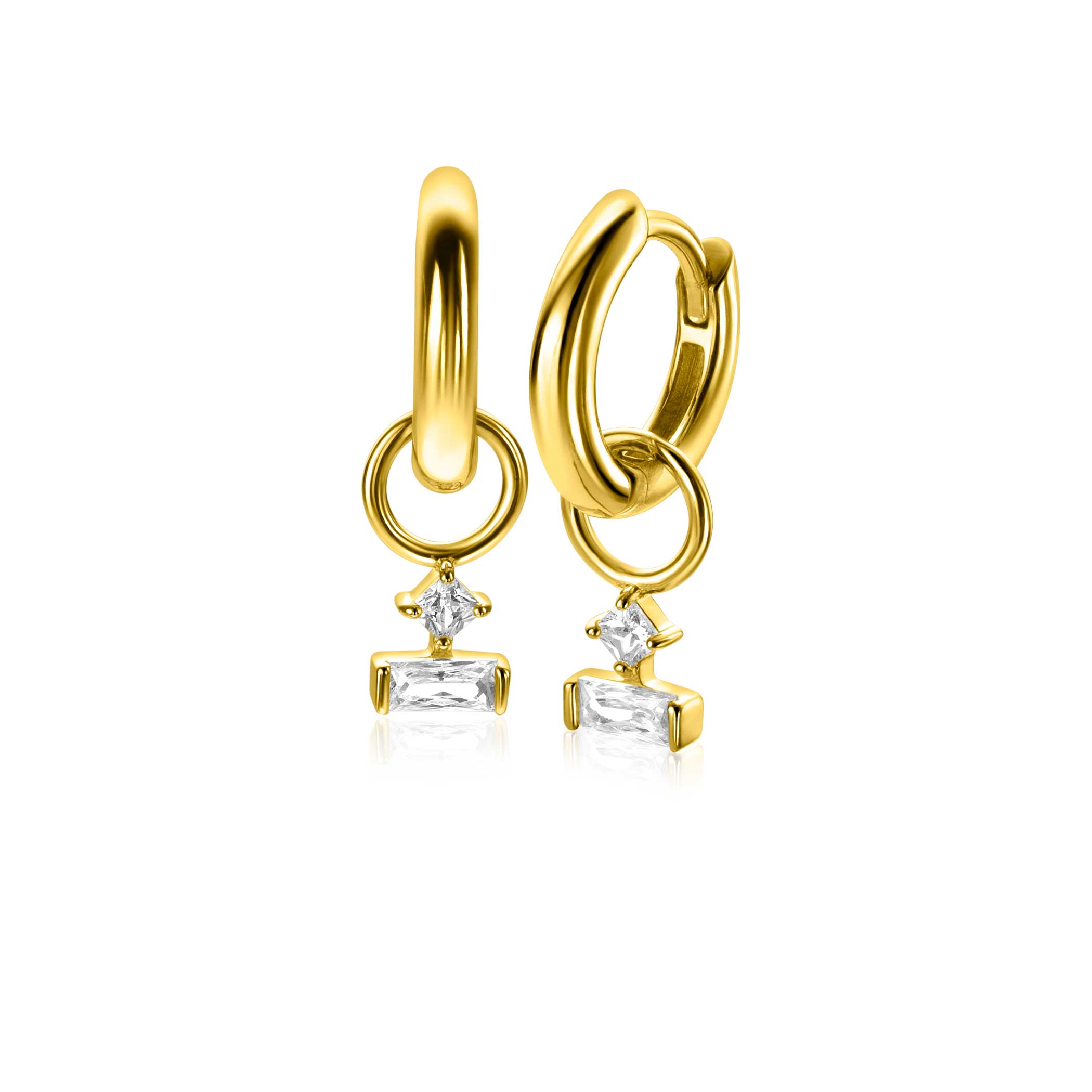 5mm ZINZI gold plated zilveren oorbedels met twee witte zirkonia's in trendy vormen ZICH-BF117Y (zonder oorringen)