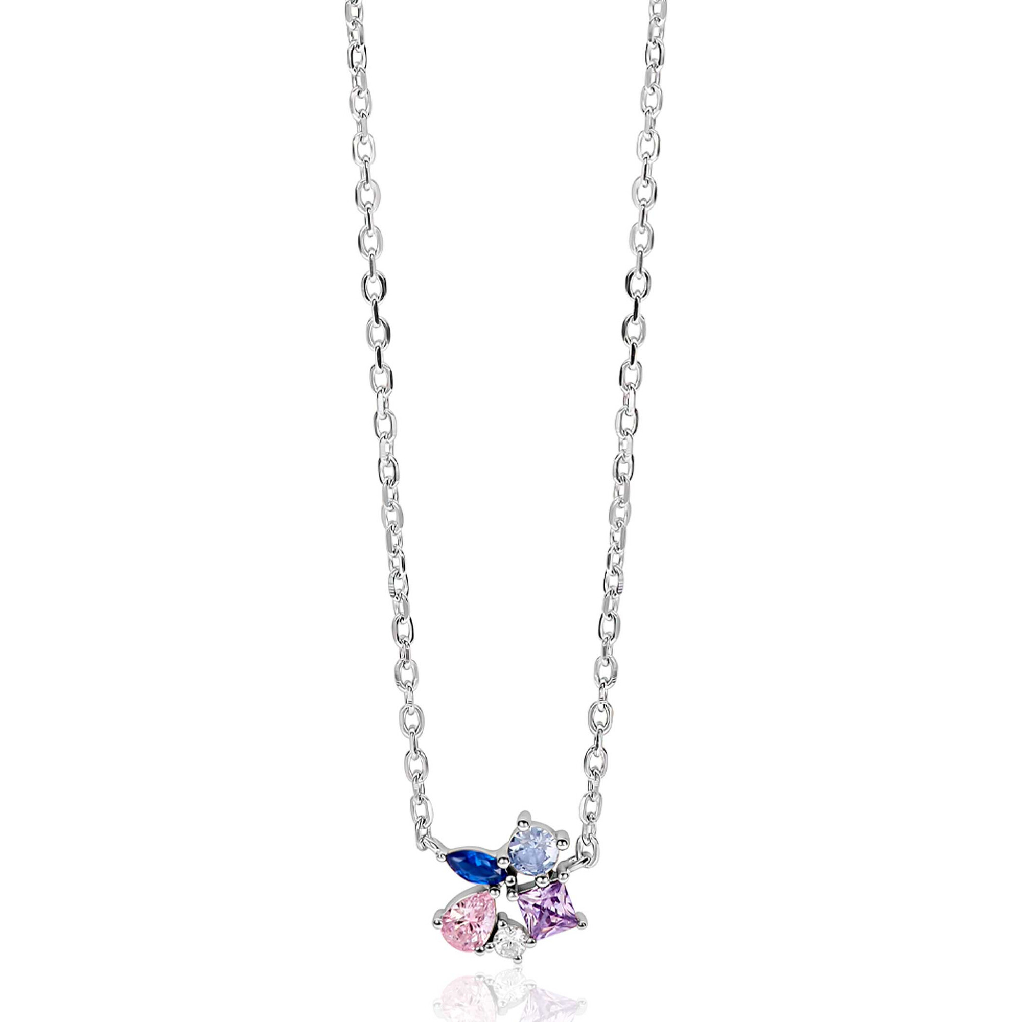 ZINZI zilveren ketting met speelse hanger (8mm) bezet met een mooie combinatie van witte, roze, paarse en blauwe kleurstenen in verschillende slijpvormen 42-45cm ZIC2866