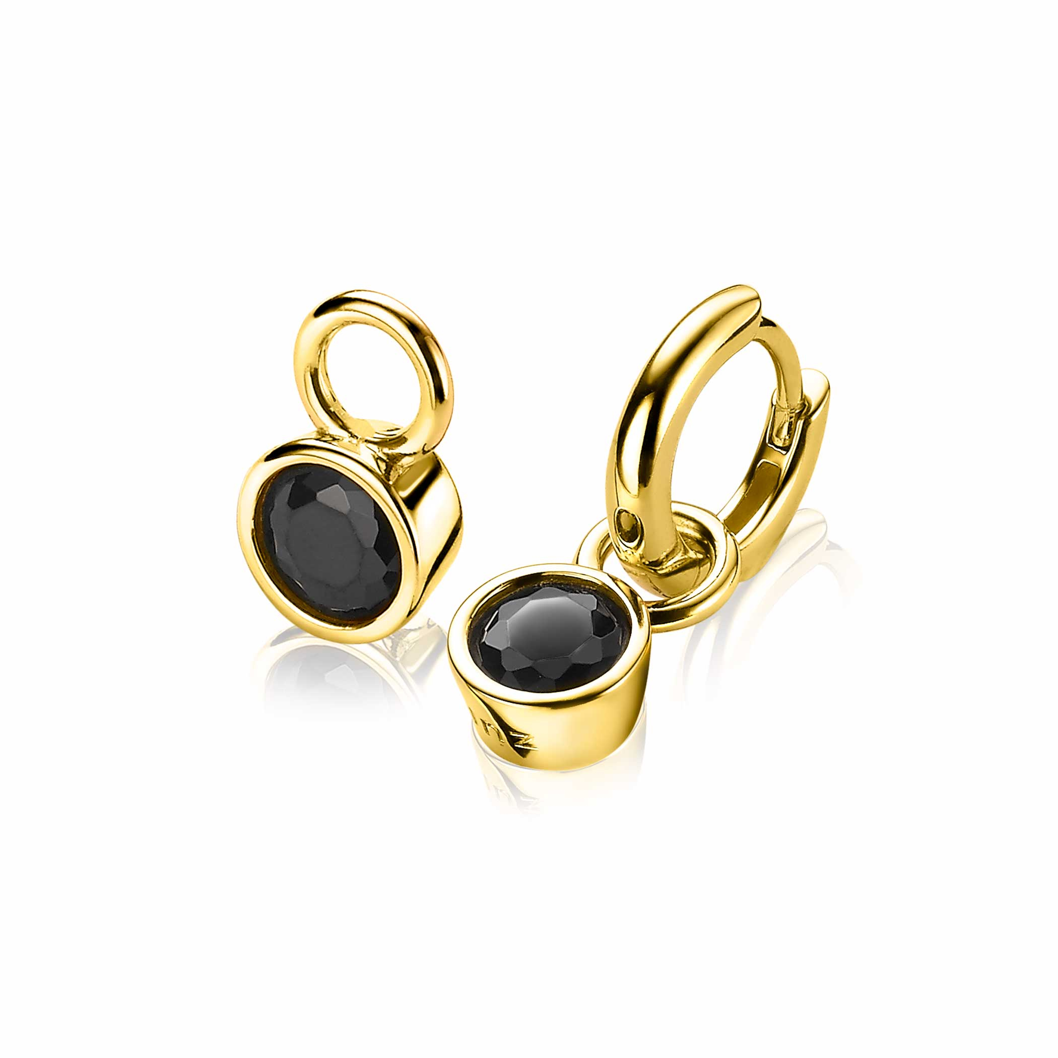 ZINZI zilveren oorbedels 14K geelverguld 7mm rond zwart ZICH1486YZ (zonder oorringen)